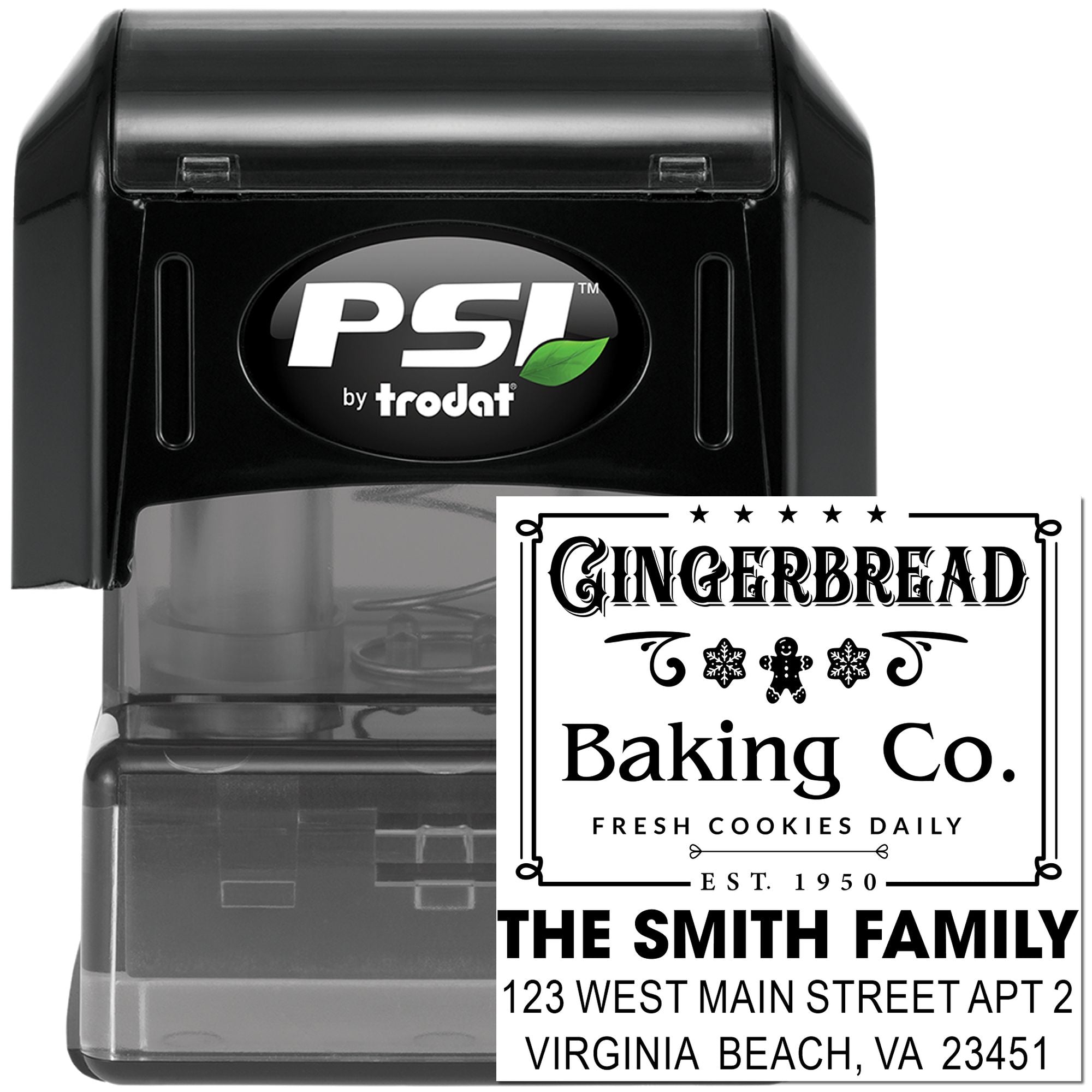PSI by Trodat self-inking rubber stamp with custom Gingerbread Baking Co. address design for bakery packaging