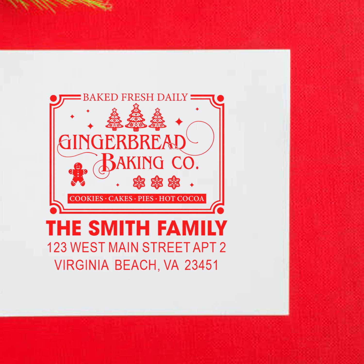 Personalized gingerbread bakery return address rubber stamp for holiday cookie packaging and mailed treats.