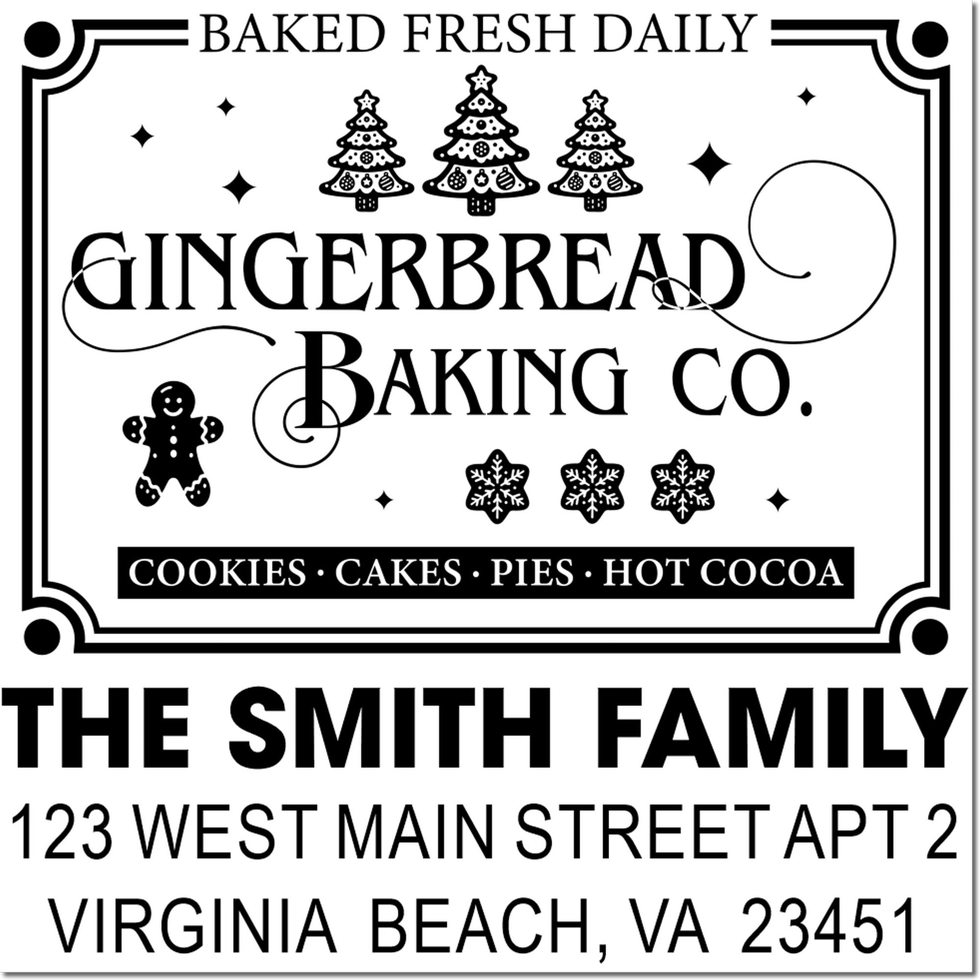 Custom holiday bakery rubber stamp for Gingerbread Baking Co., featuring Baked Fresh Daily, cookies, cakes, pies, and address details.
