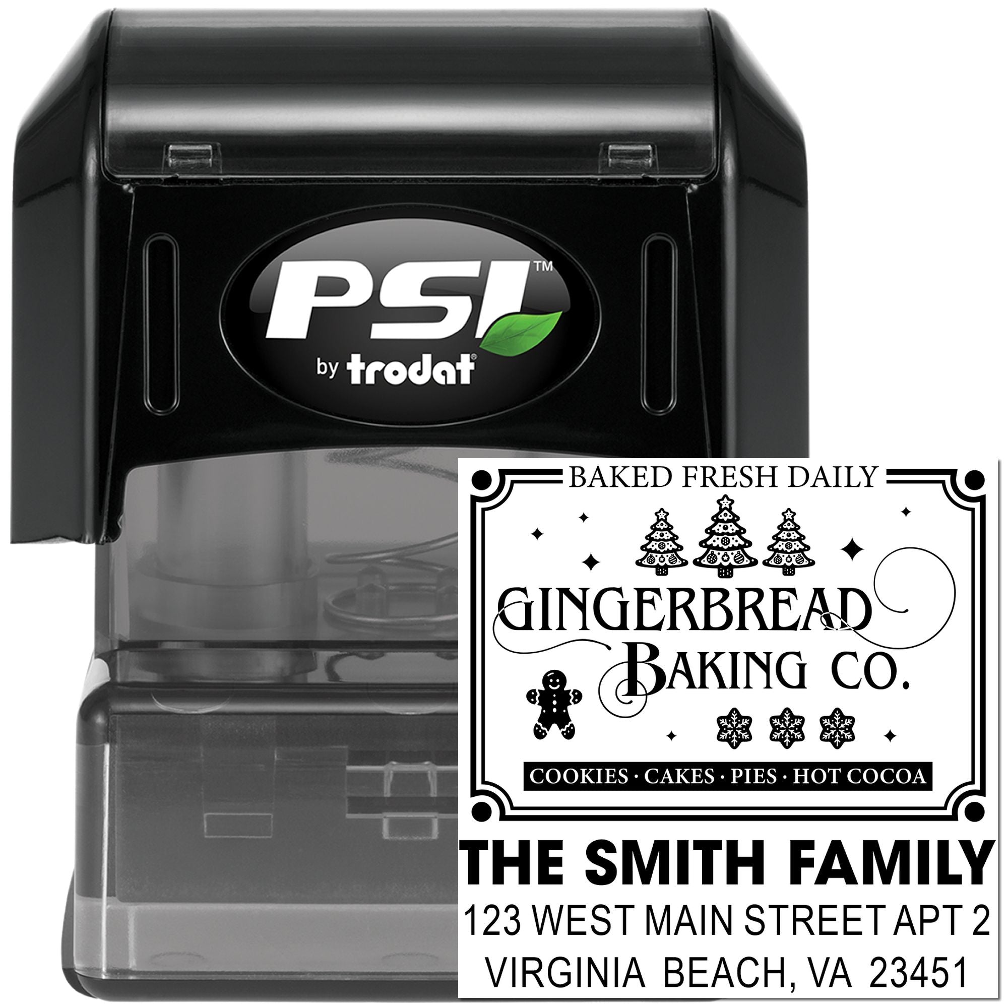 PSI by Trodat self-inking custom rubber stamp with bakery logo, holiday message, and address for branded packaging.