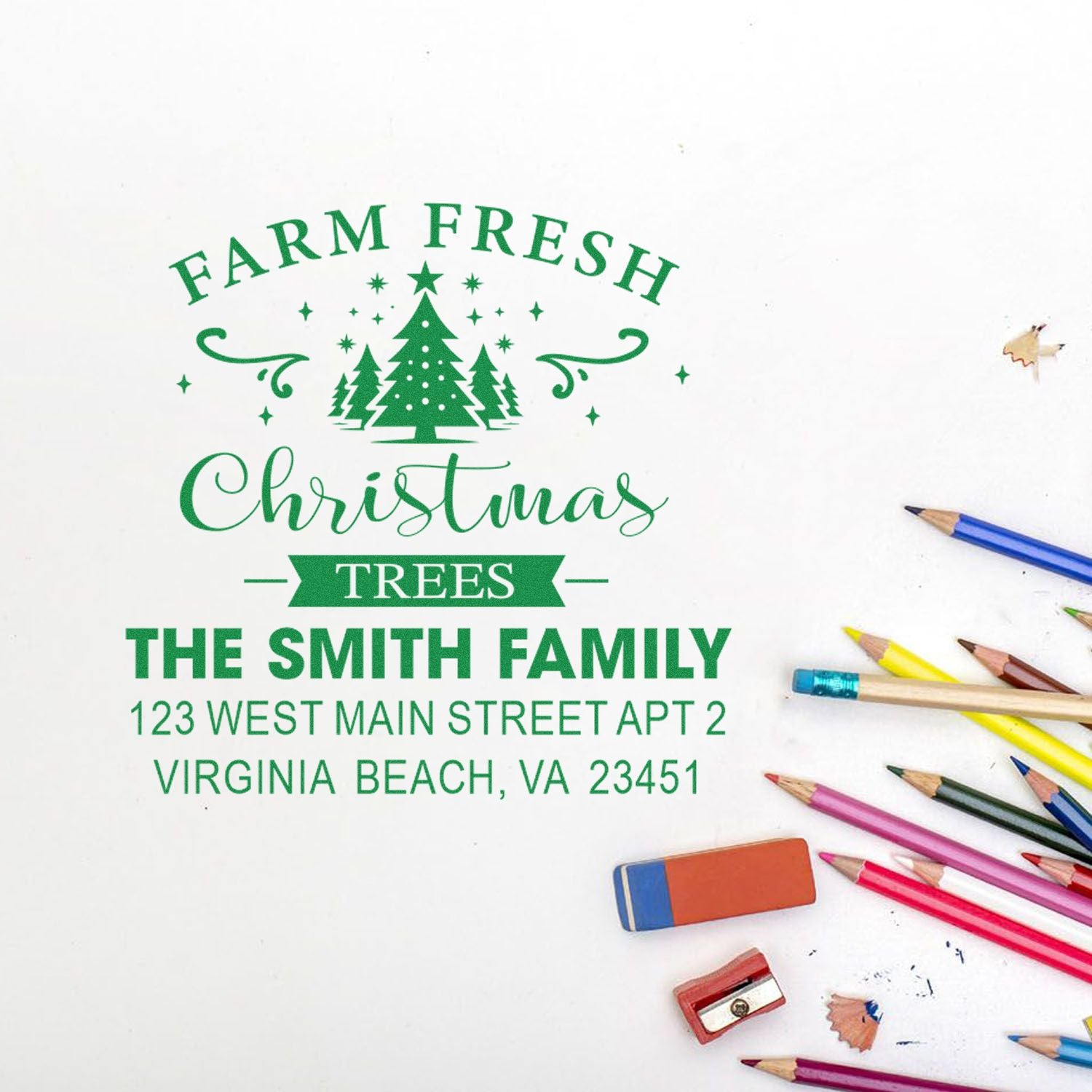 Farm Fresh Christmas Trees custom rubber stamp with family name and return address for holiday packaging and labeling.