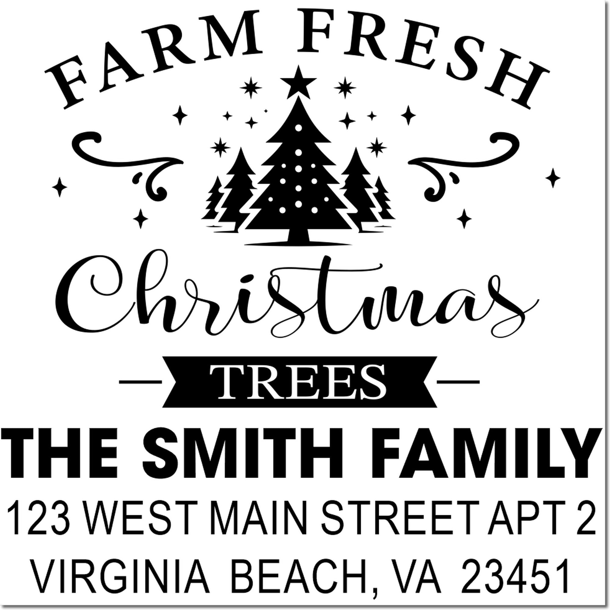 Personalized Farm Fresh Christmas Trees rubber stamp with family name and address for holiday cards and farmhouse packaging.