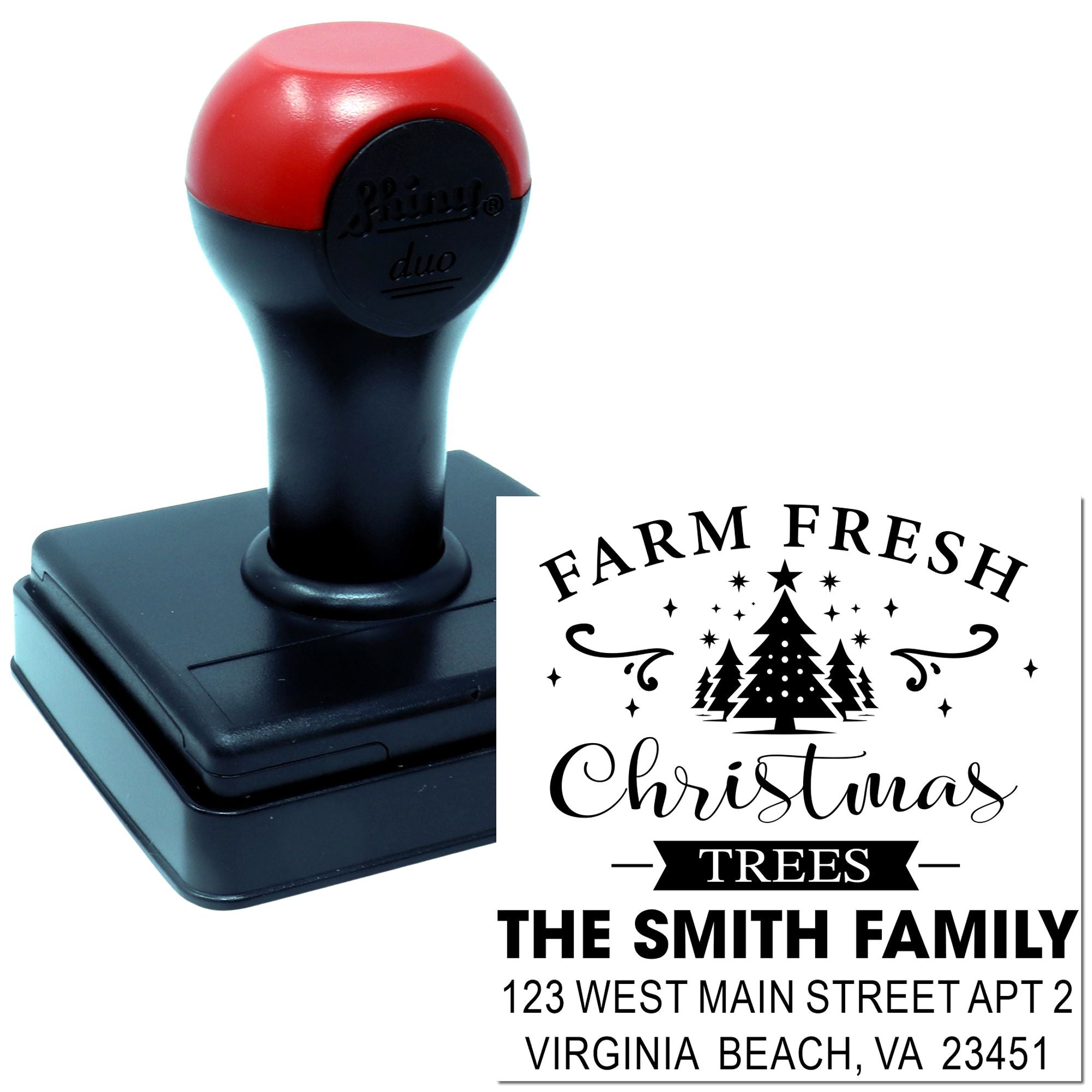 Custom self-inking rubber stamp for Christmas tree farms with personalized family address and Farm Fresh Christmas Trees imprint.