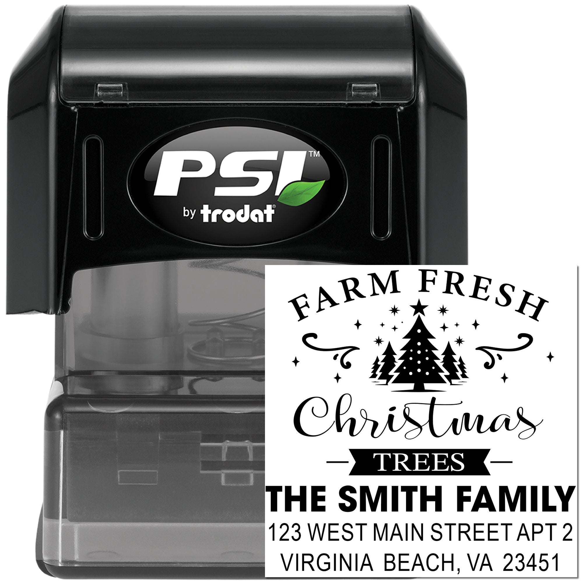 PSI by Trodat self-inking custom rubber stamp with Farm Fresh Christmas Trees family address design for holiday use