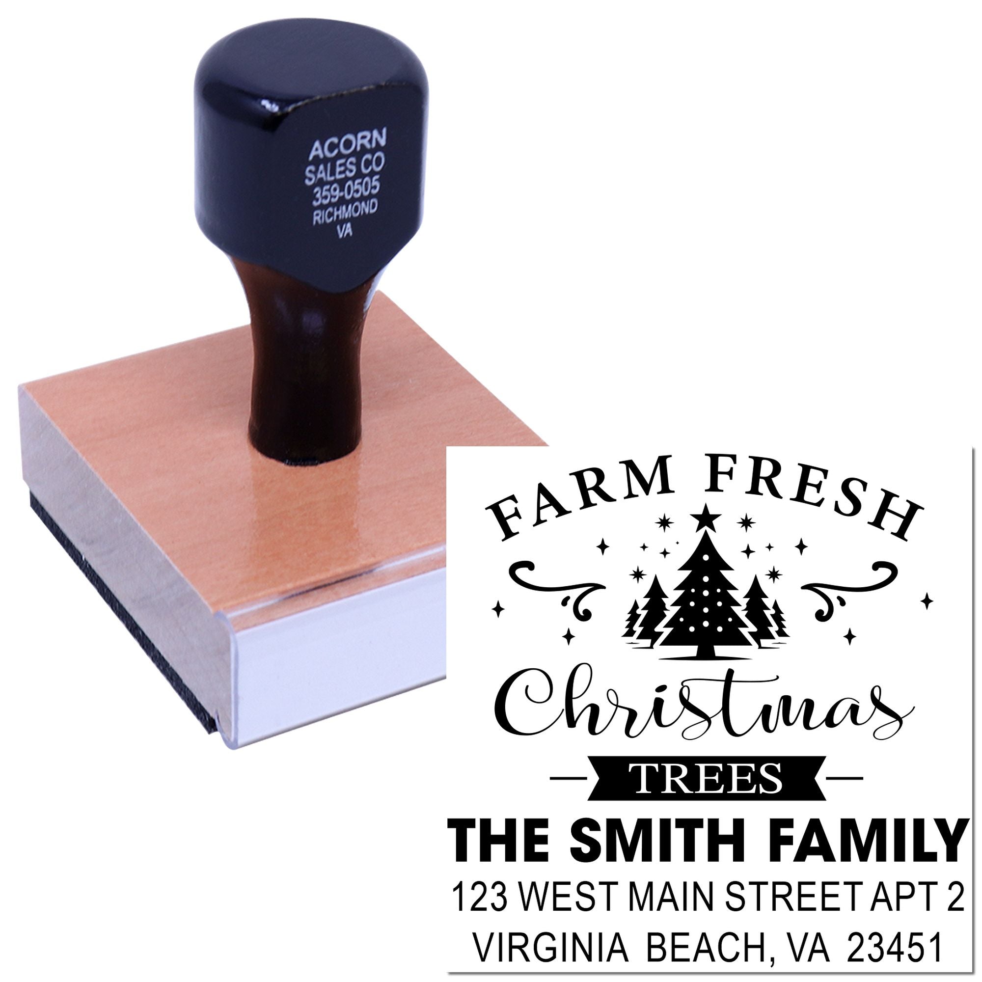Personalized rubber stamp for holiday mail with Farm Fresh Christmas Trees, family name, and return address.