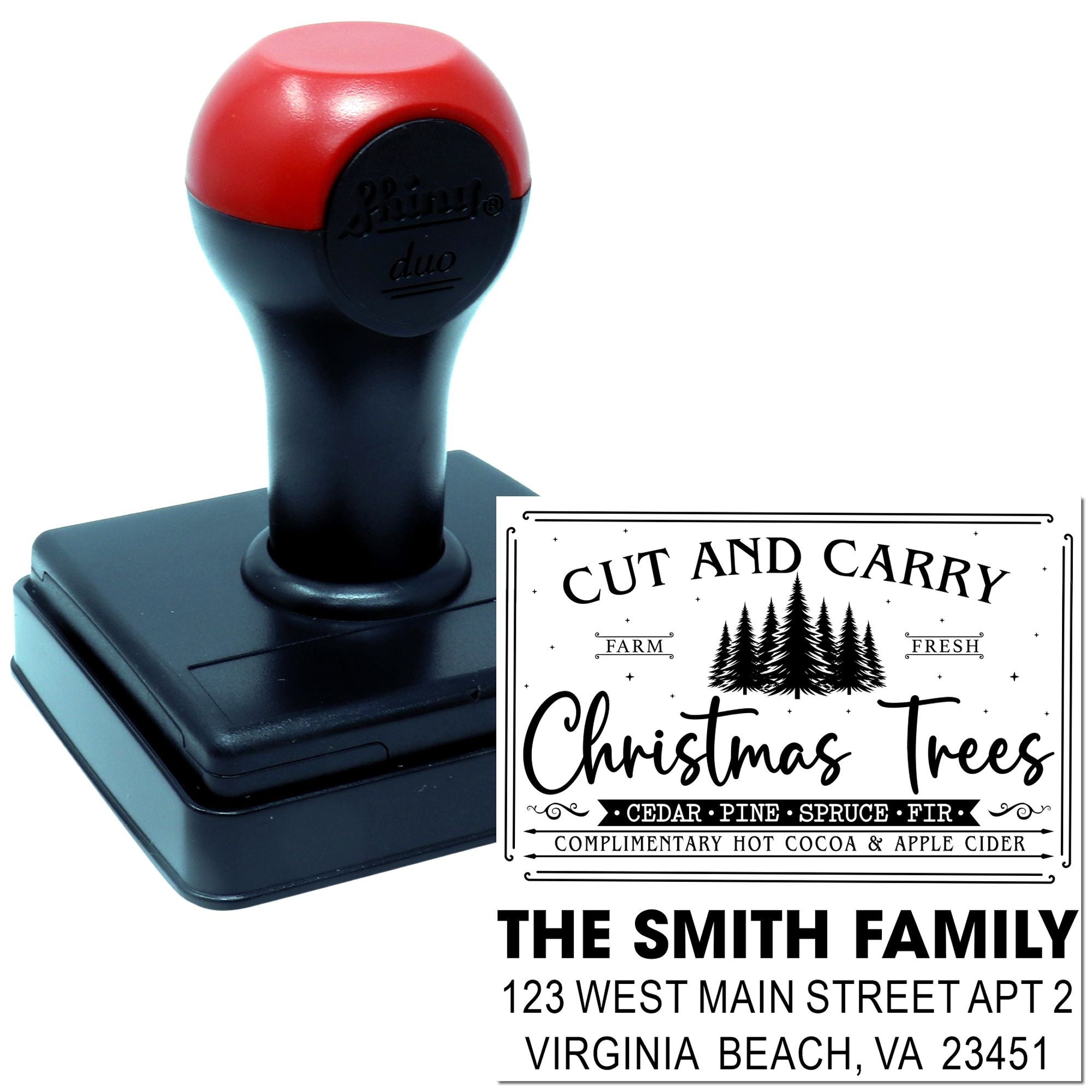 Custom self-inking rubber stamp for Christmas Trees return address with The Smith Family address design.