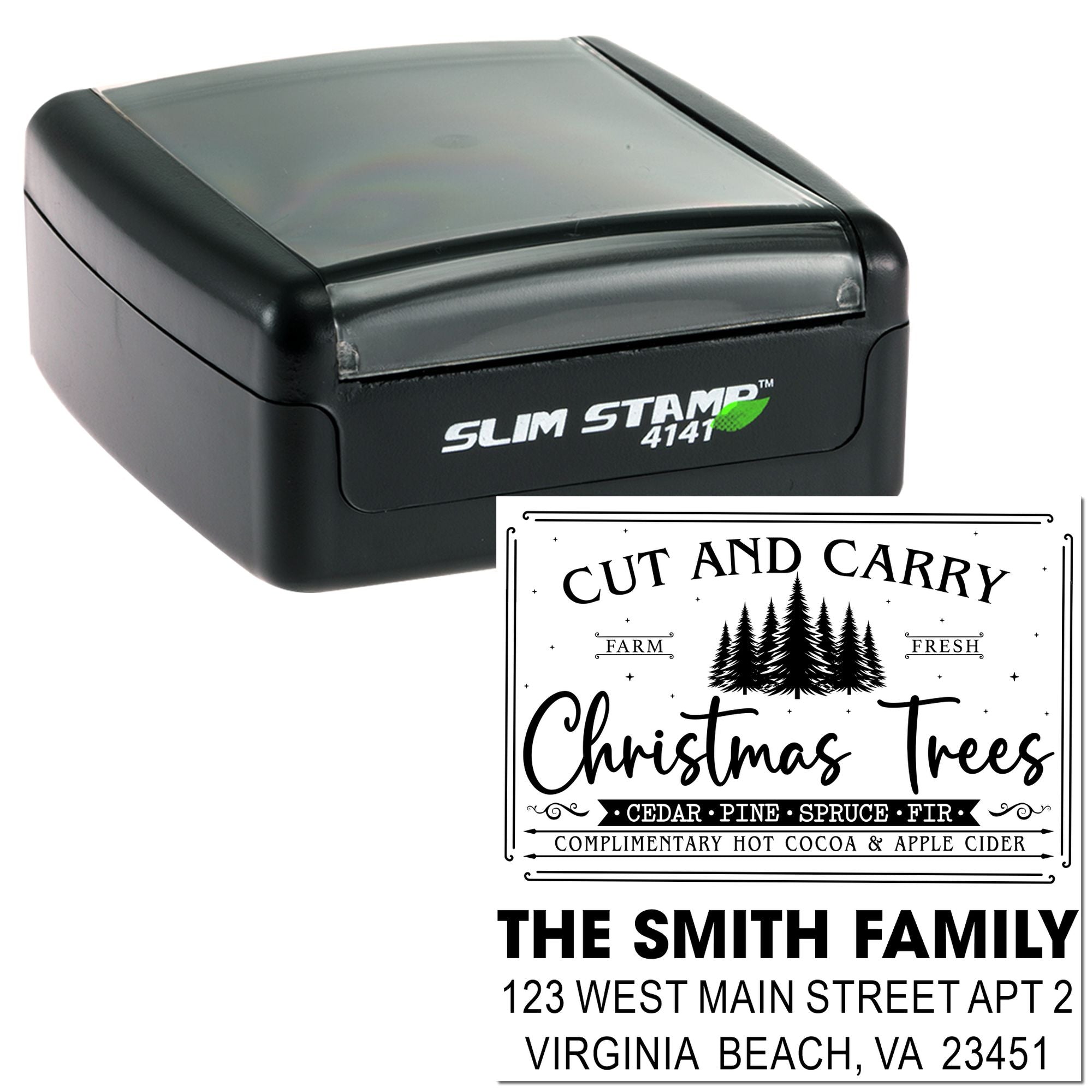 Custom slim rubber stamp with Christmas tree design and personalized return address for holiday mailings