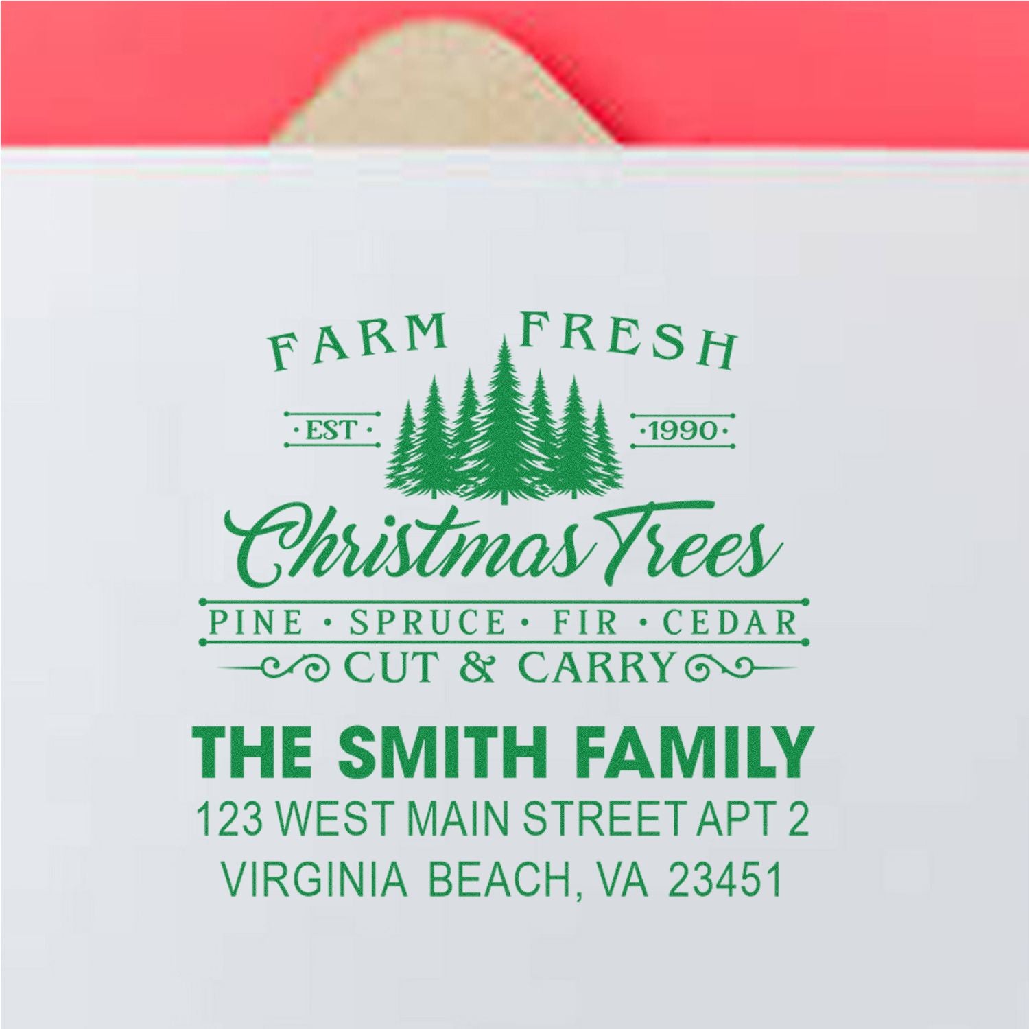 Custom return address rubber stamp for Christmas tree farm: The Smith Family, Virginia Beach, VA.