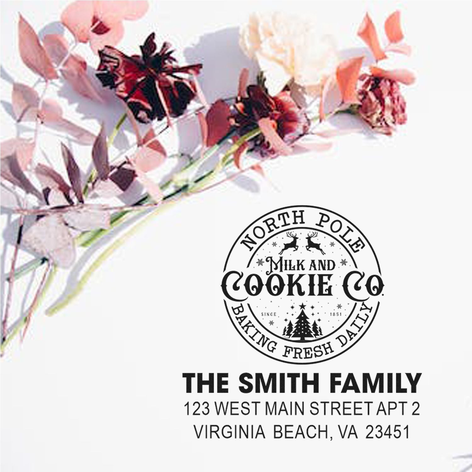 Custom rubber stamp for The Smith Family featuring North Pole Milk and Cookie Co. logo and Virginia Beach return address.
