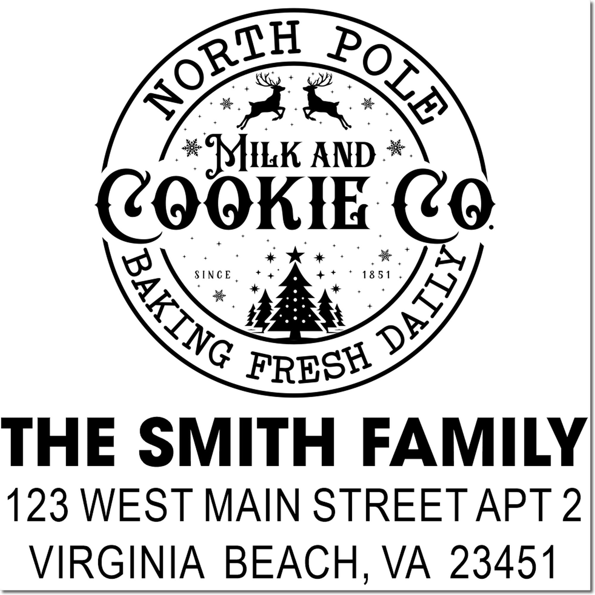 Custom North Pole Milk and Cookie Co. holiday return address rubber stamp with family name and Virginia Beach, VA address