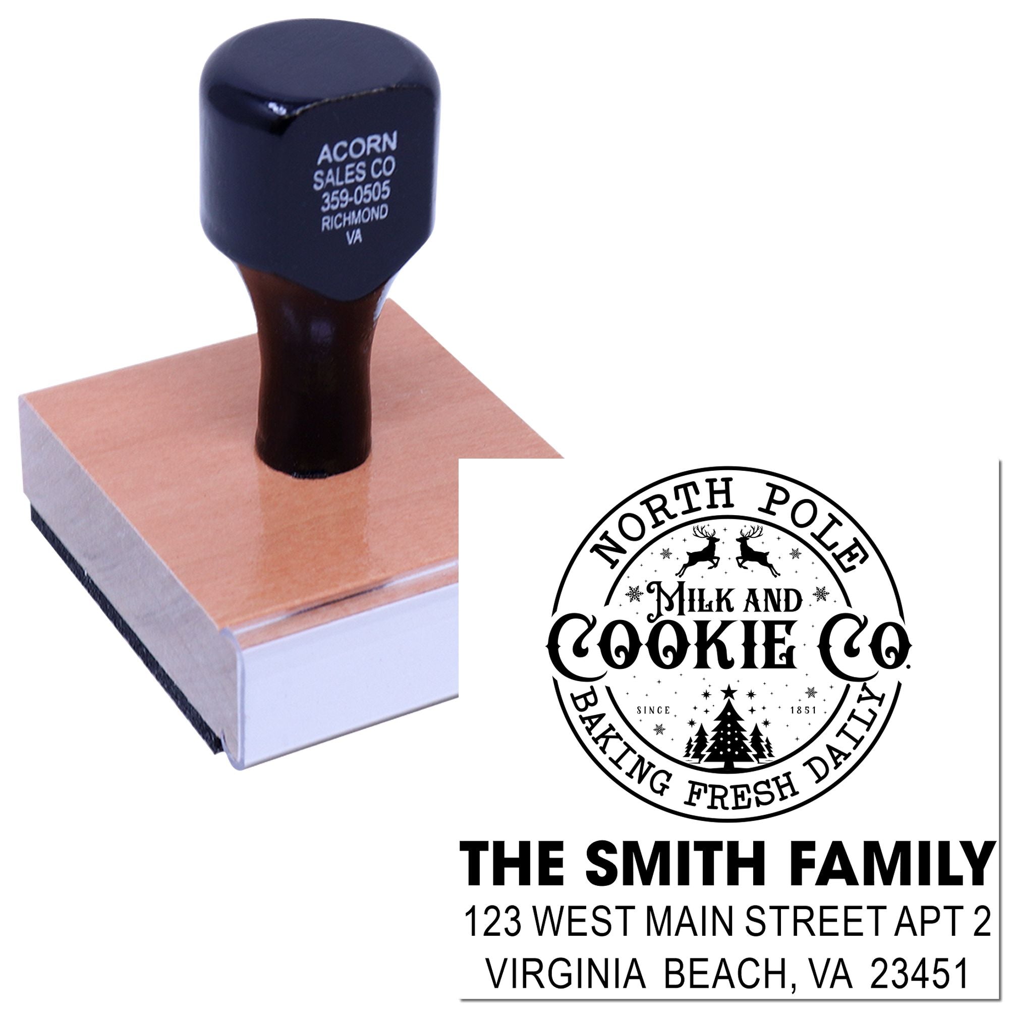 Custom rubber stamp for bakery branding and address printing, featuring logo and family return address design.