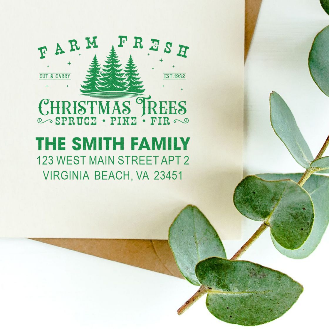 Custom personalized holiday return address rubber stamp with Christmas tree design for The Smith Family.