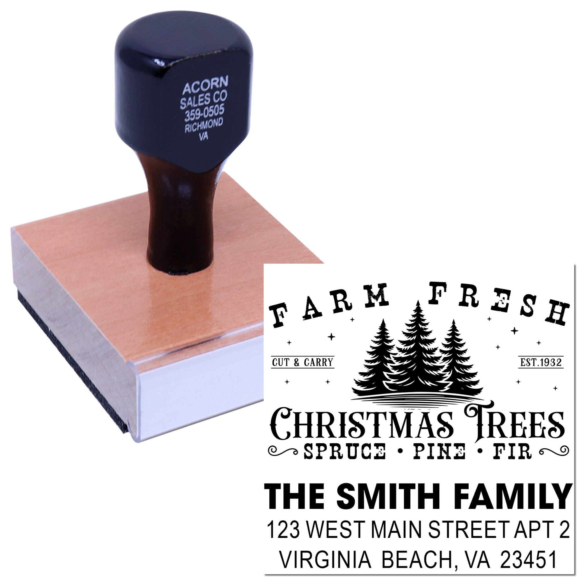Custom self-inking rubber stamp with Farm Fresh Christmas Trees logo and personalized return address for holiday packaging.