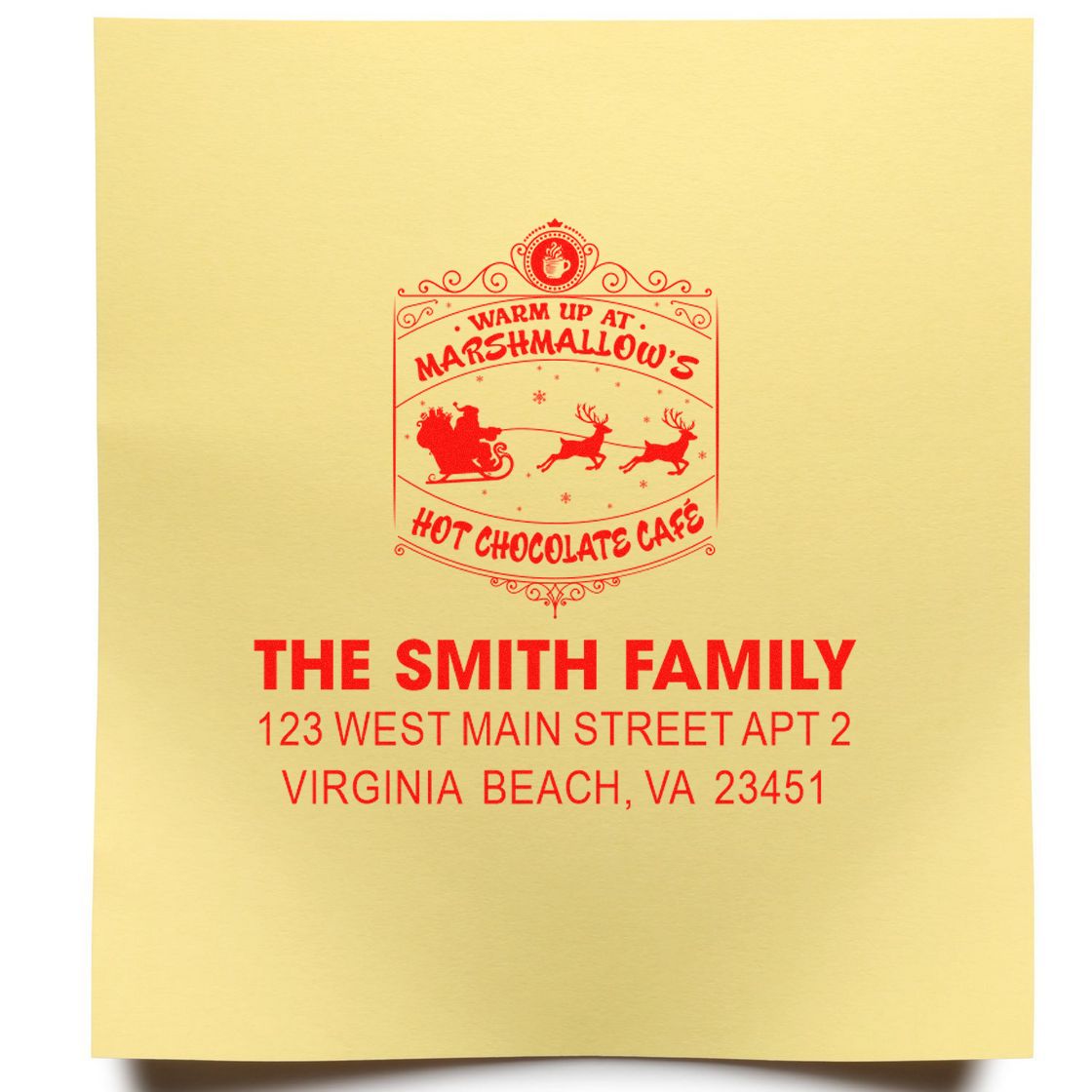 Personalized return address rubber stamp for the Smith family with Virginia Beach address and festive hot chocolate cafe design.