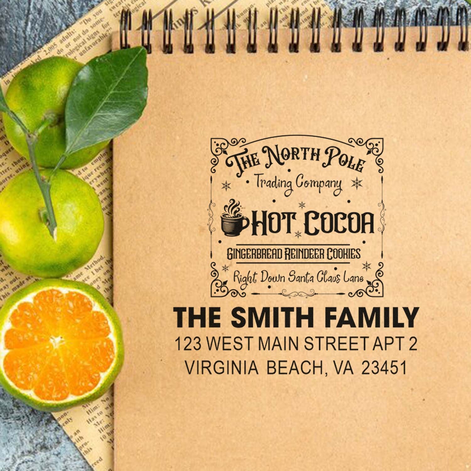 Personalized rubber address stamp with holiday hot cocoa design, featuring The Smith Family and Virginia Beach, VA address.