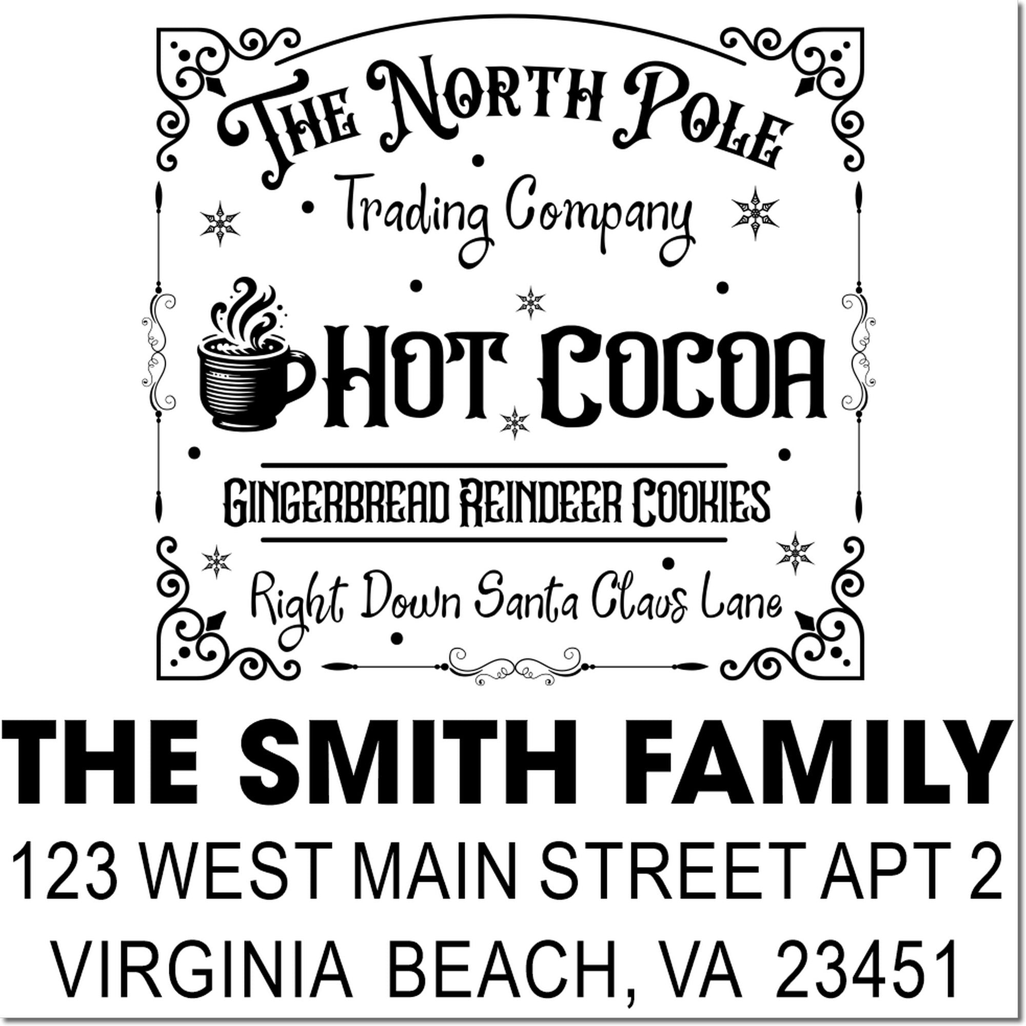 Personalized holiday rubber stamp design for The North Pole Trading Company with hot cocoa, gingerbread cookies, and festive address text.