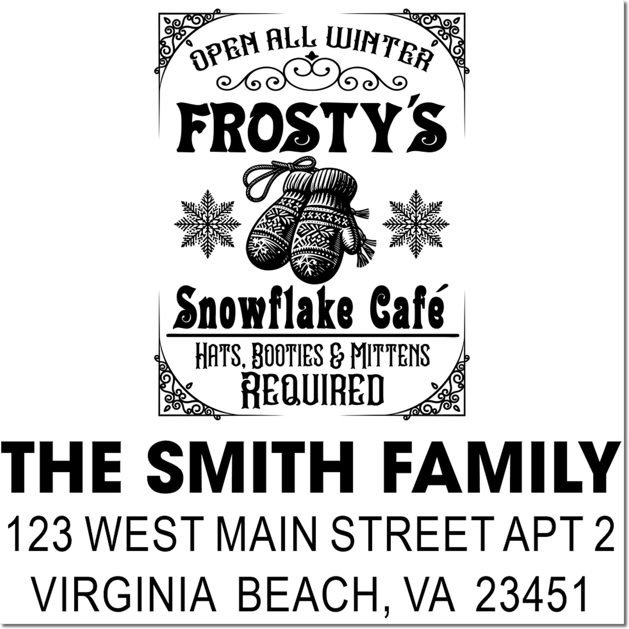 Vintage winter caf rubber stamp design with mittens, snowflakes, and custom family address return stamp.
