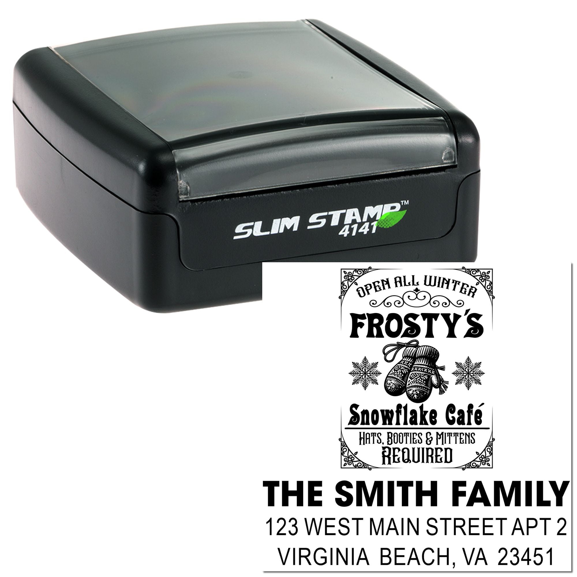 Custom self-inking rubber stamp with holiday business logo and personalized address stamp design for mailing and branding