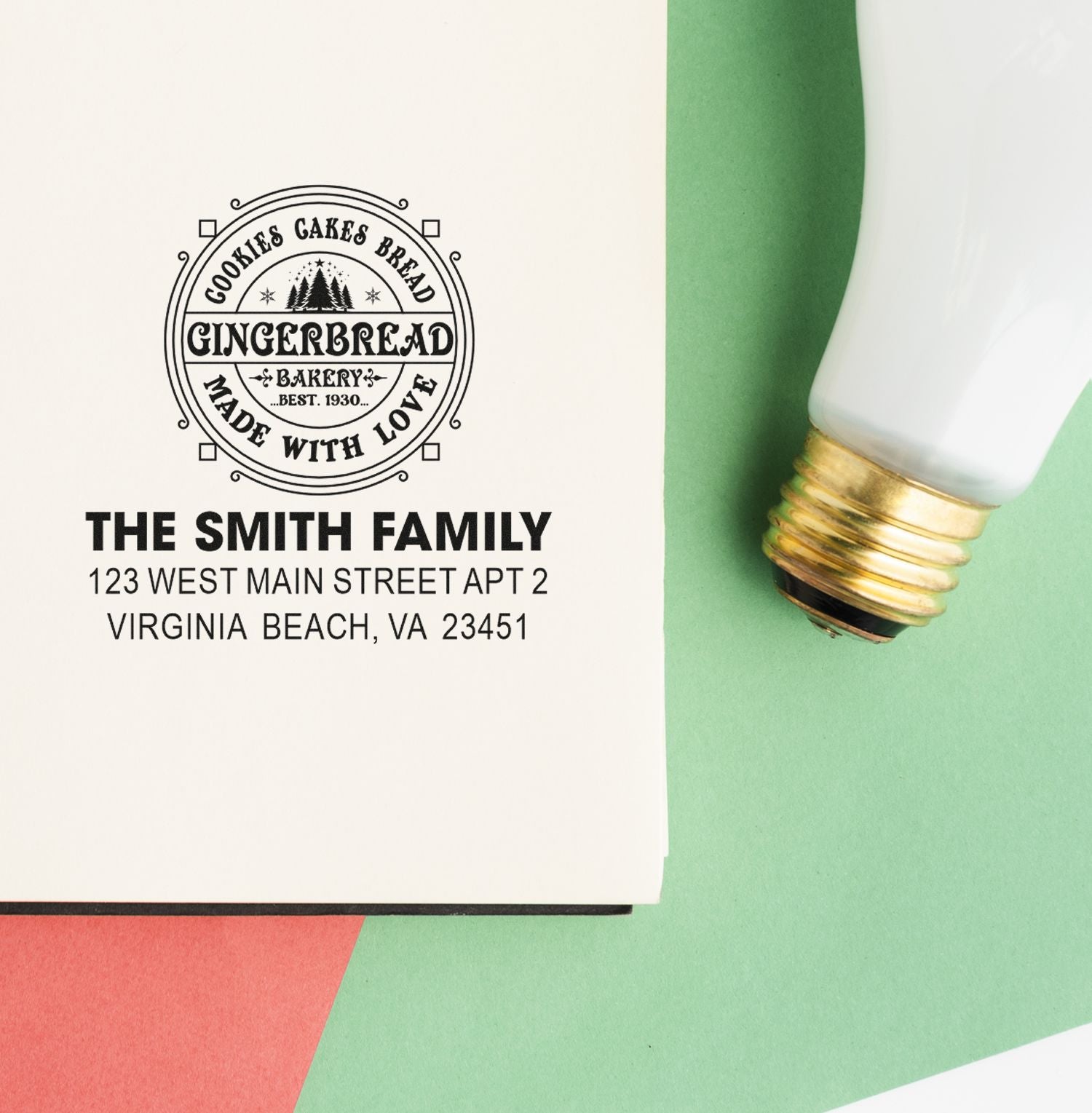 Personalized custom return address rubber stamp with vintage gingerbread bakery logo and self-inking stamp sample