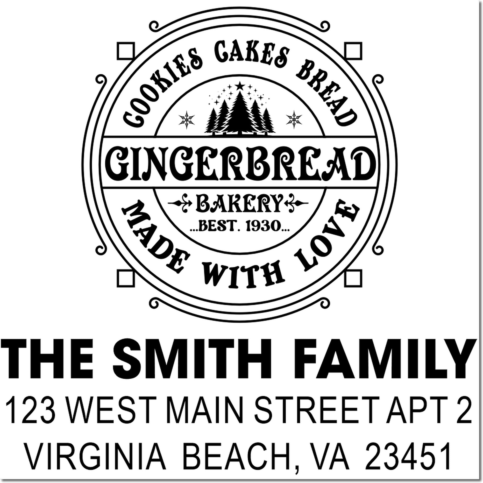 Custom bakery rubber stamp design with Cookies, Cakes, Bread, Gingerbread, Made with Love, The Smith Family, Virginia Beach