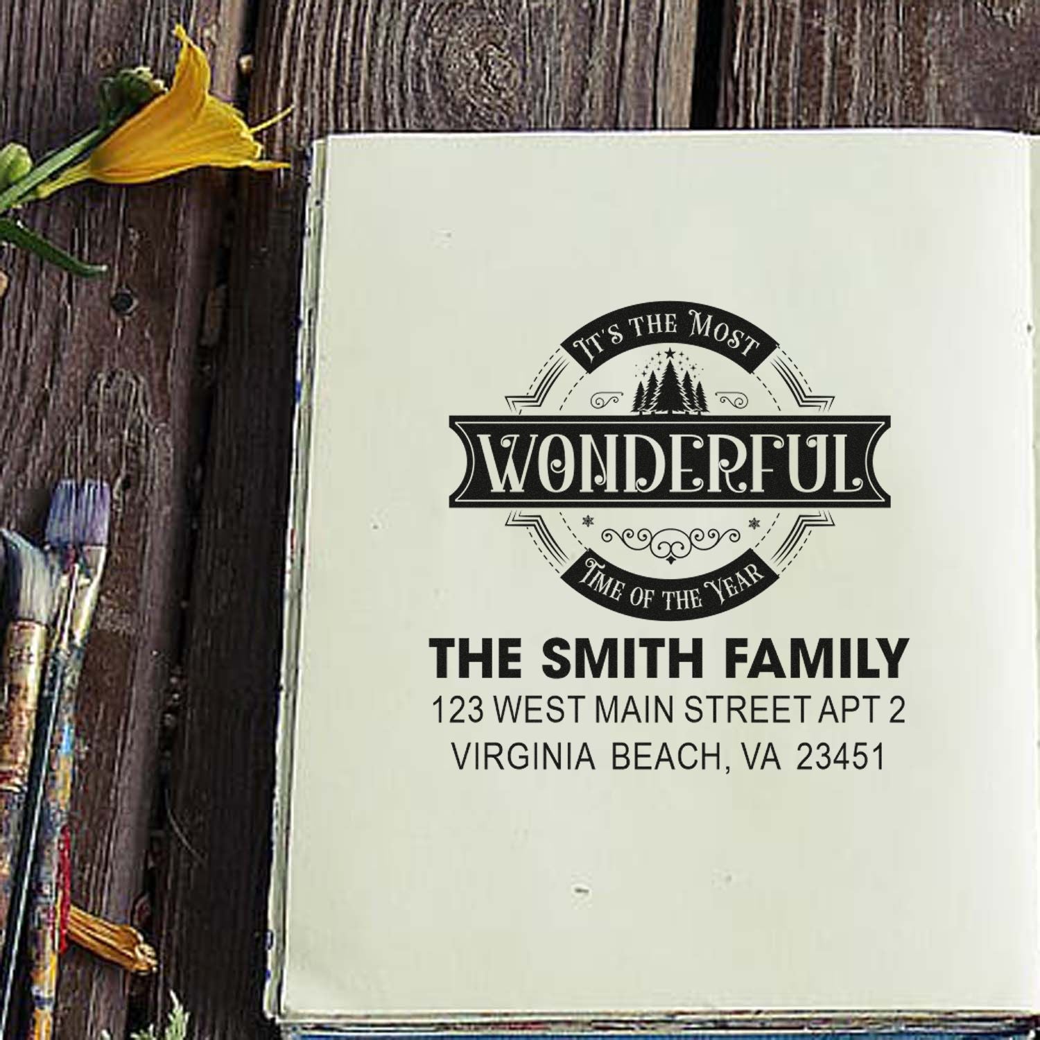 Personalized holiday return address rubber stamp for family envelopes and seasonal mail