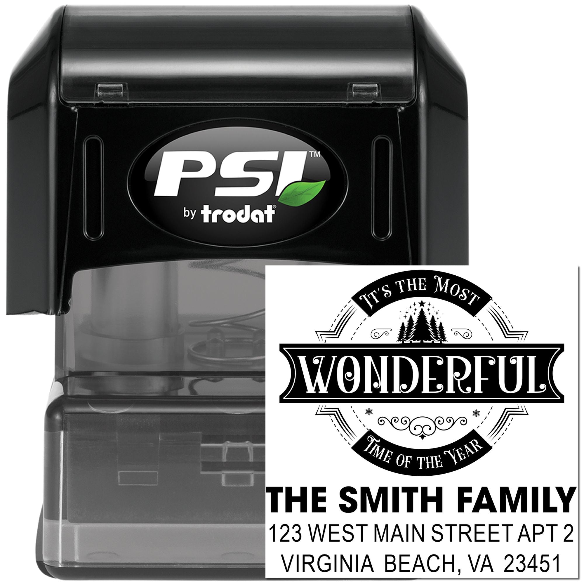 PSI by Trodat self-inking custom return address rubber stamp with holiday family design and Smith family address imprint.