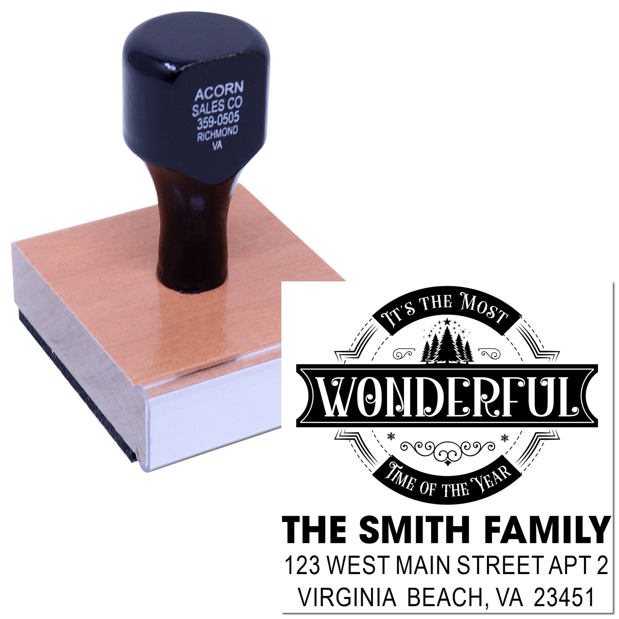 Custom rubber stamp for family address and holiday design, shown on wooden block with sample imprint.