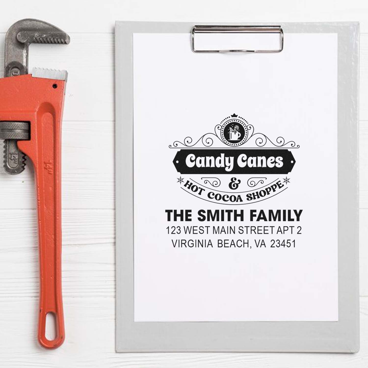 Custom rubber stamp proof for Candy Canes Hot Cocoa Shoppe, featuring the Smith family name and Virginia Beach address.