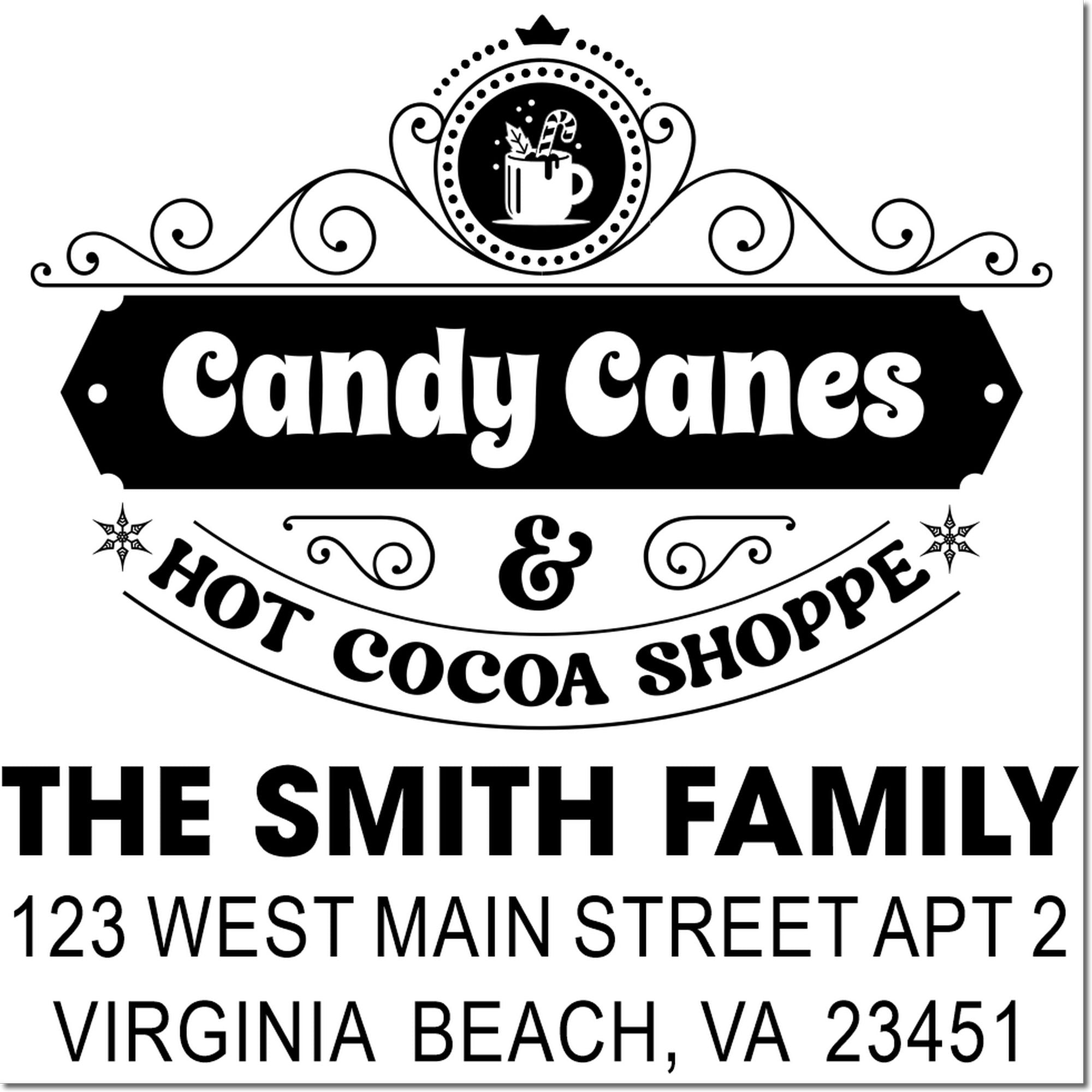 Custom holiday hot cocoa shoppe rubber stamp with family name and address for festive packaging, cards, or business branding.