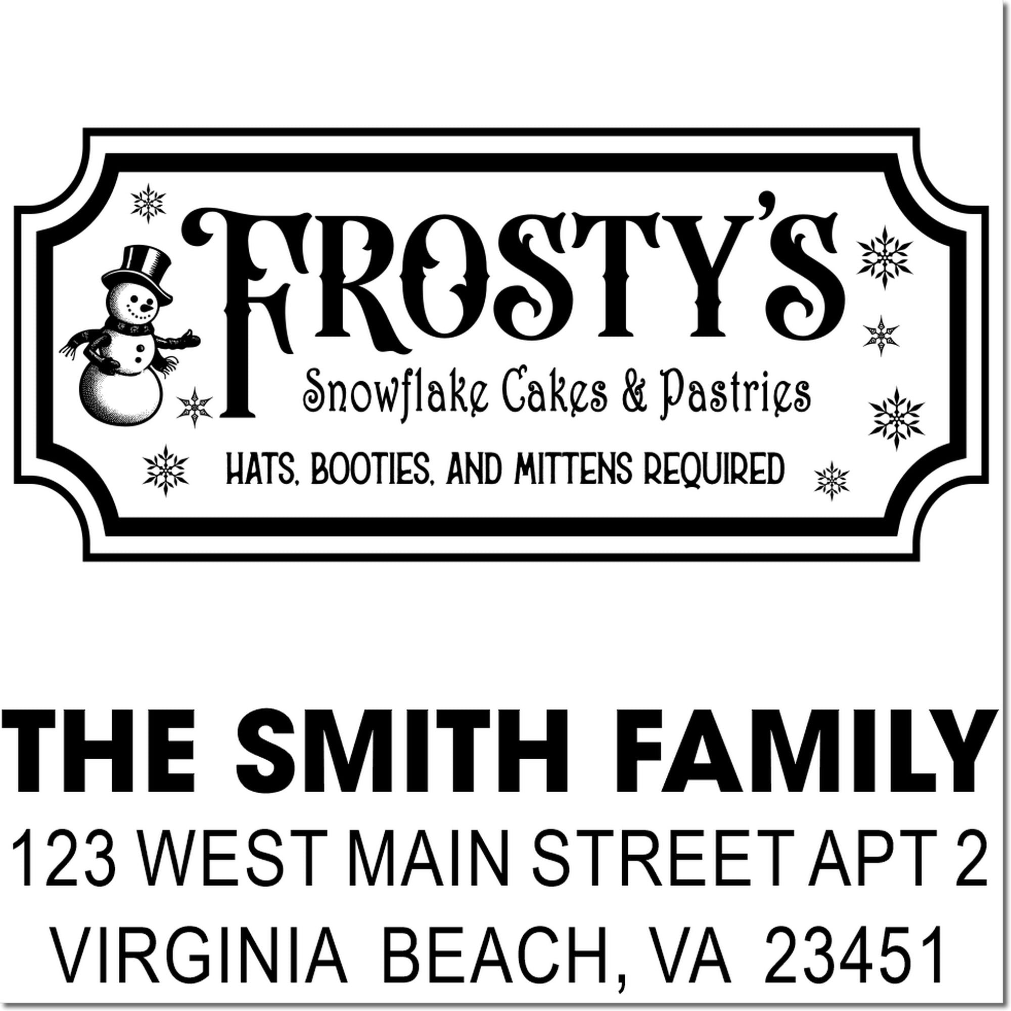 Custom rubber stamps: Frostys Snowflake Cakes & Pastries holiday bakery stamp and The Smith Family address stamp.