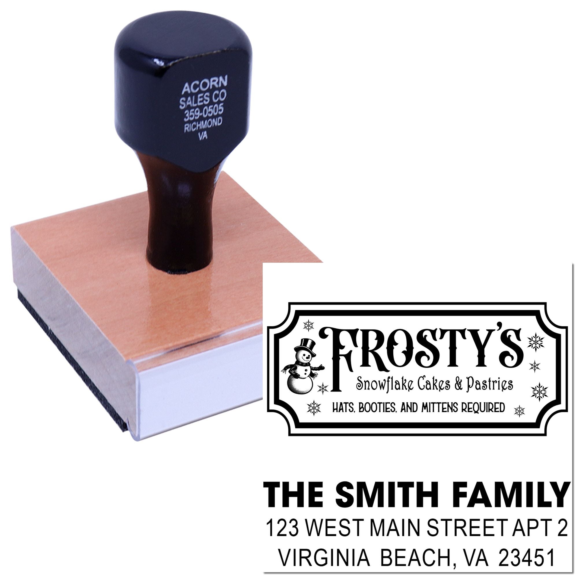 Custom rubber stamp with business logo, name, and address imprint samples for branding and mailing.