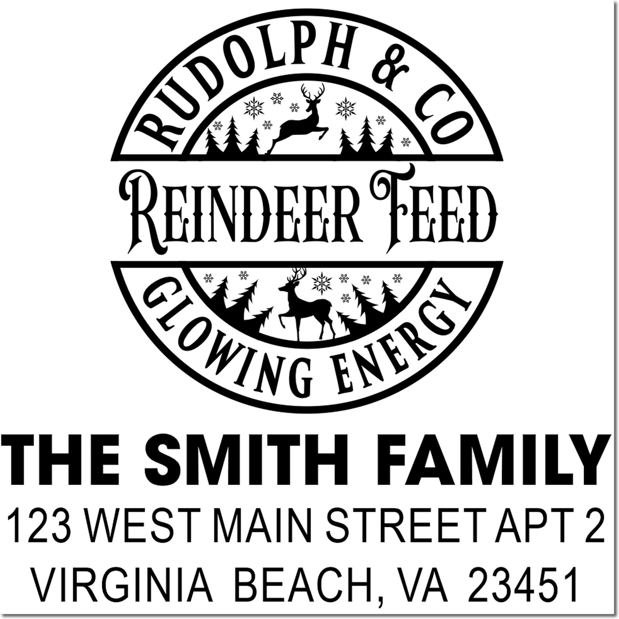 Custom family address rubber stamp with Rudolph & Co reindeer design for The Smith Family, Virginia Beach, VA.