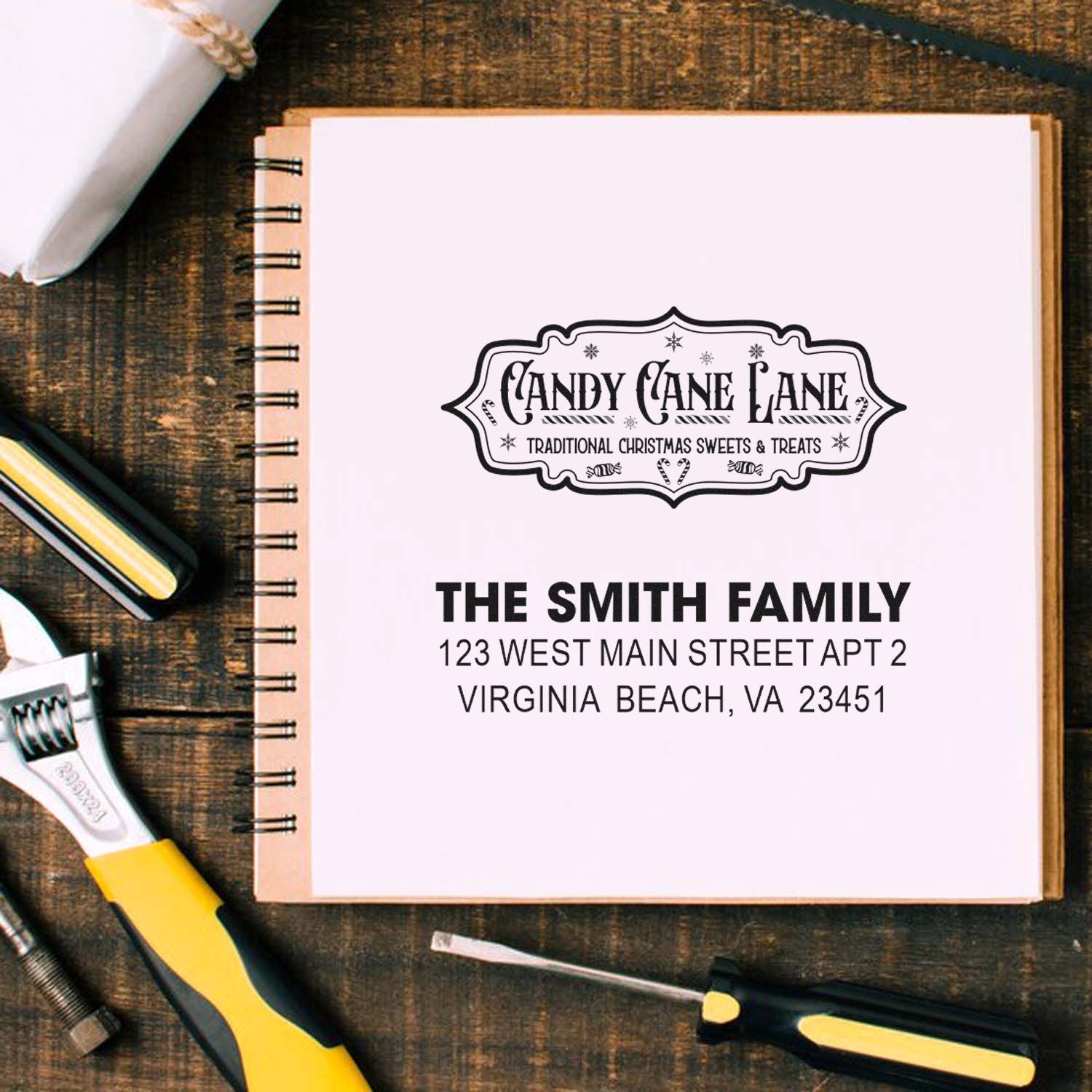 Custom Candy Cane Lane return address rubber stamp with family name and Virginia Beach address for holiday cards.