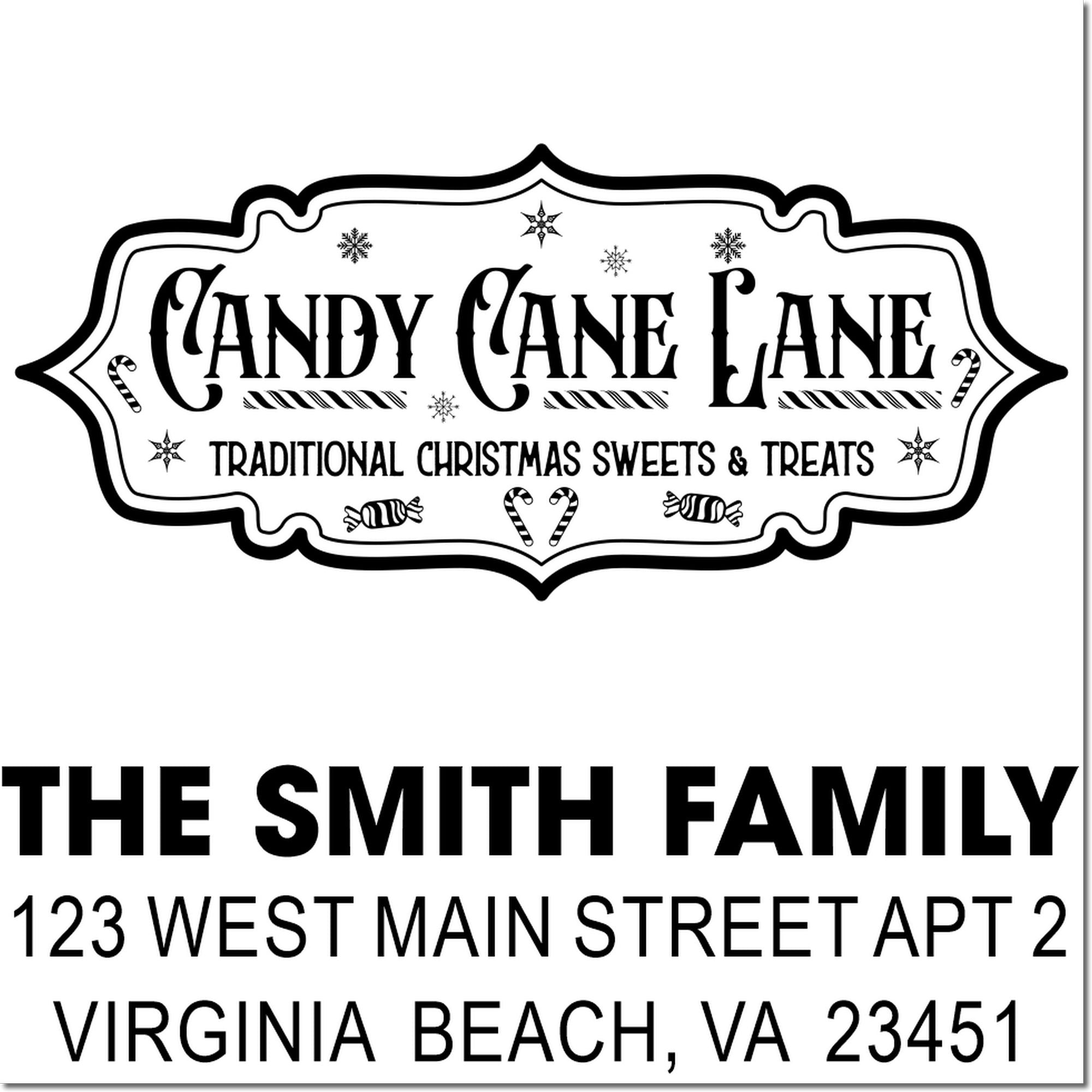 Custom Christmas return address rubber stamp for holiday mail, featuring Candy Cane Lane and The Smith Family address