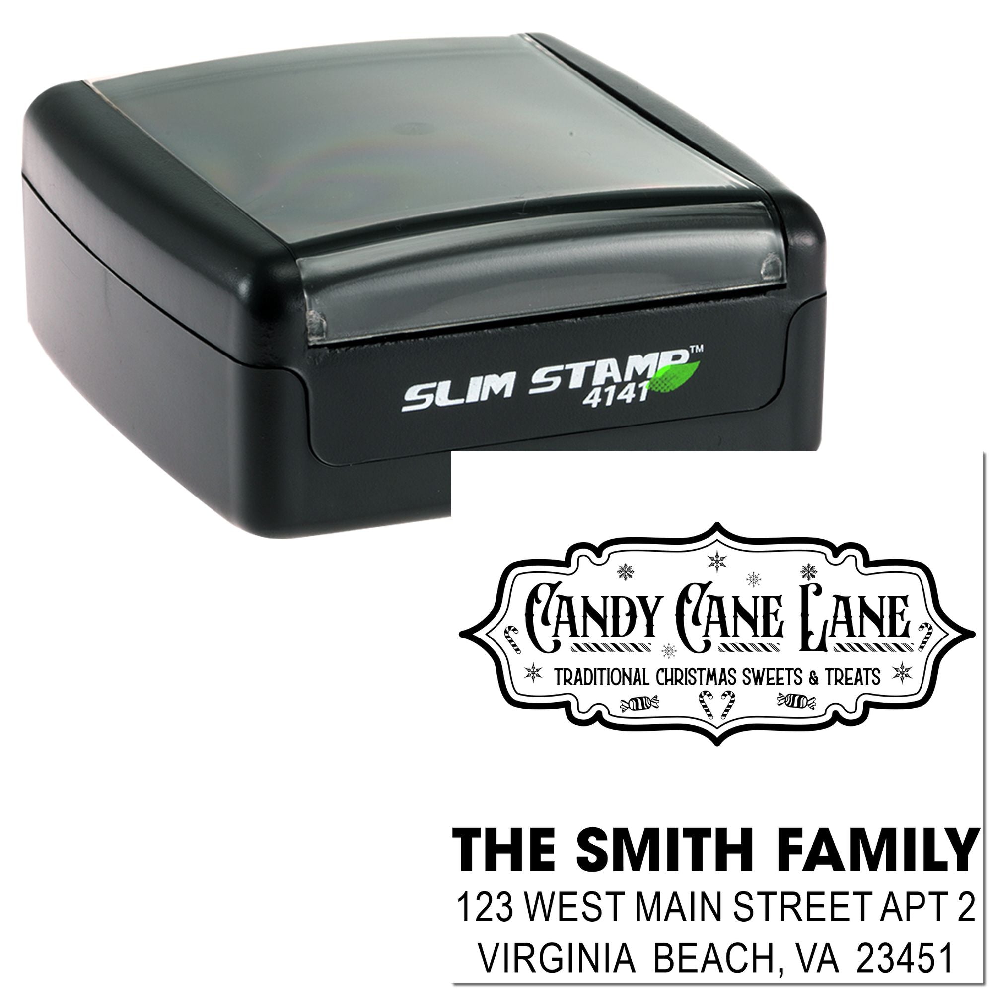 Slim Stamp 4141 custom self-inking rubber stamp with Candy Cane Lane holiday return address imprint