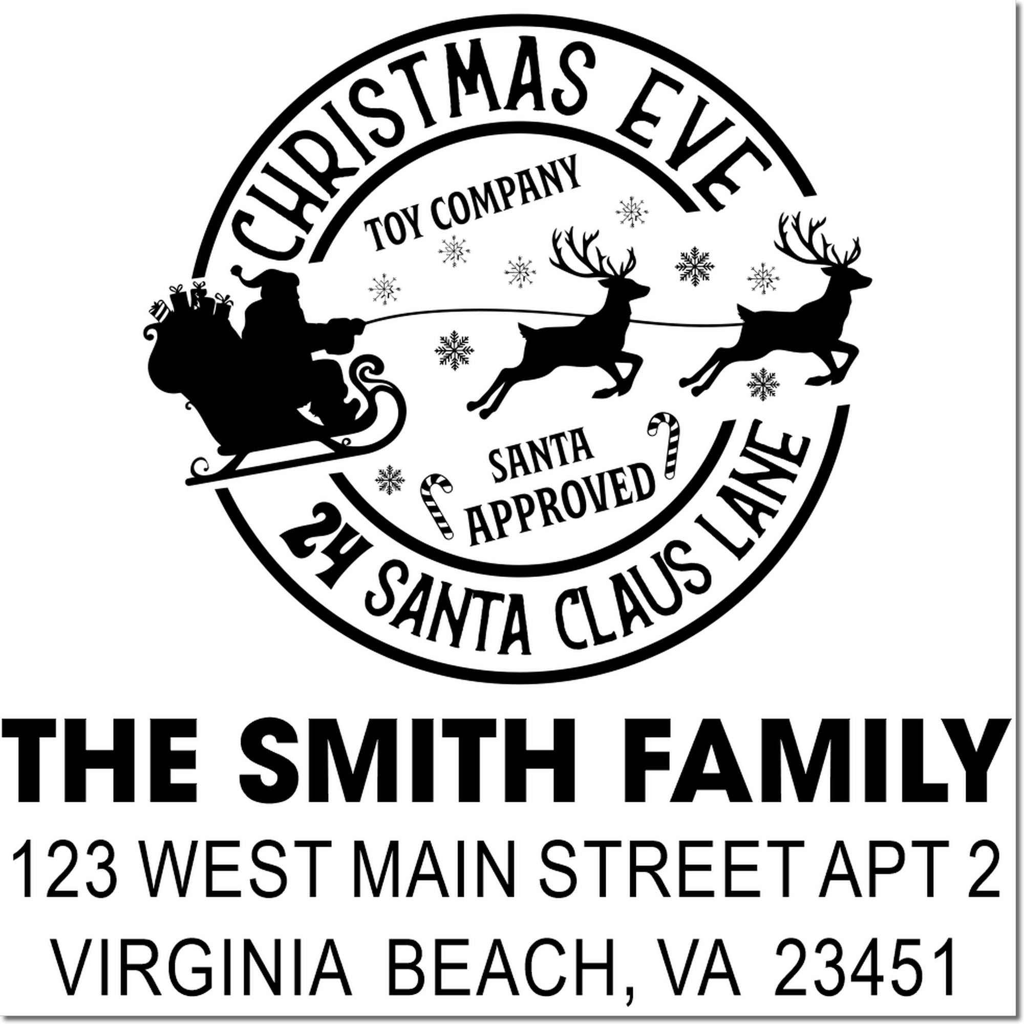 Custom Christmas Eve Santa Claus Lane return address stamp for The Smith Family with Santa Approved holiday design.