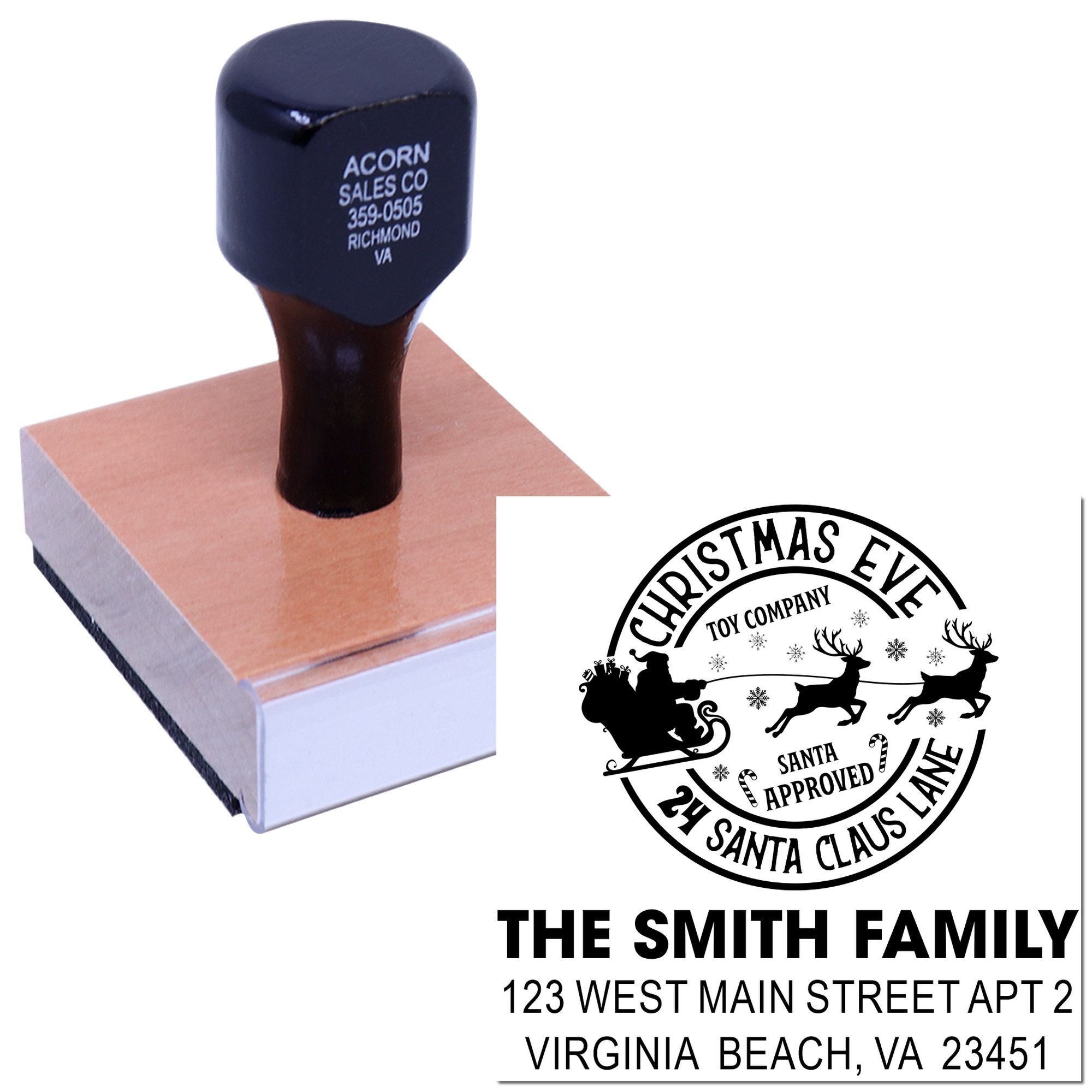 Personalized Christmas Eve return address rubber stamp with Santa Claus design for holiday cards and gift packaging.