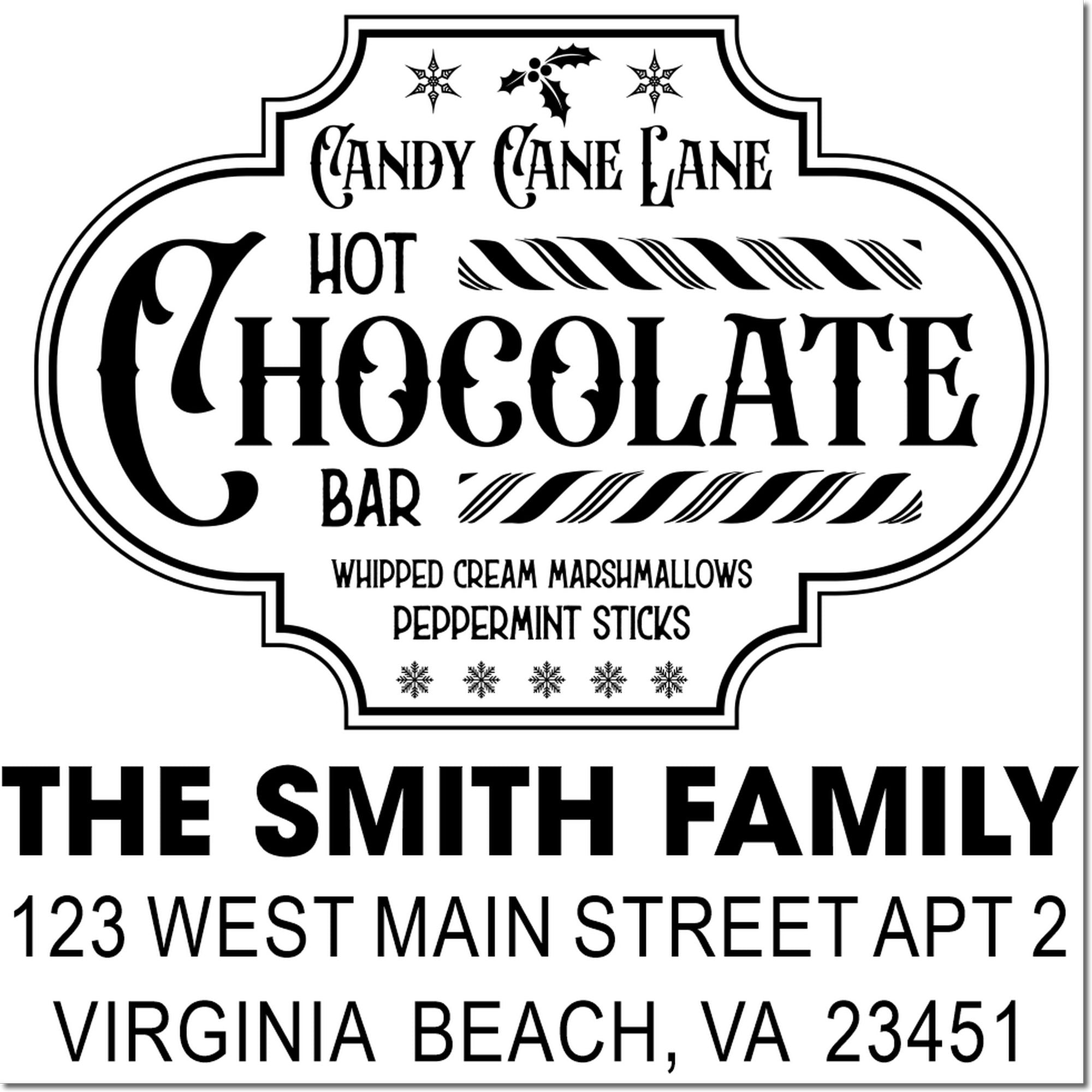 Custom Christmas rubber stamp with Candy Cane Lane hot chocolate label and personalized Smith family return address.