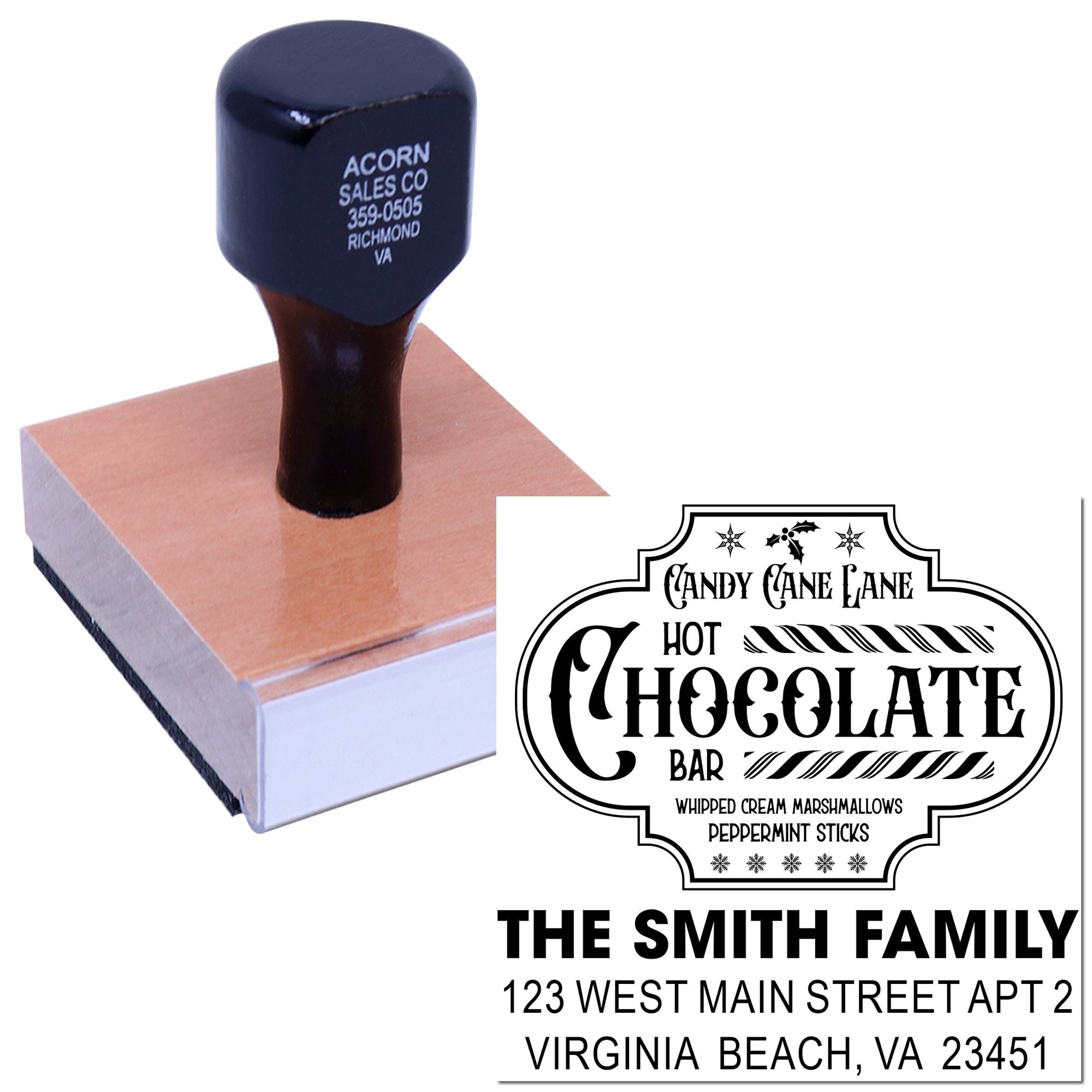 Custom rubber stamp for holiday hot chocolate bar labels and personalized return address imprint.