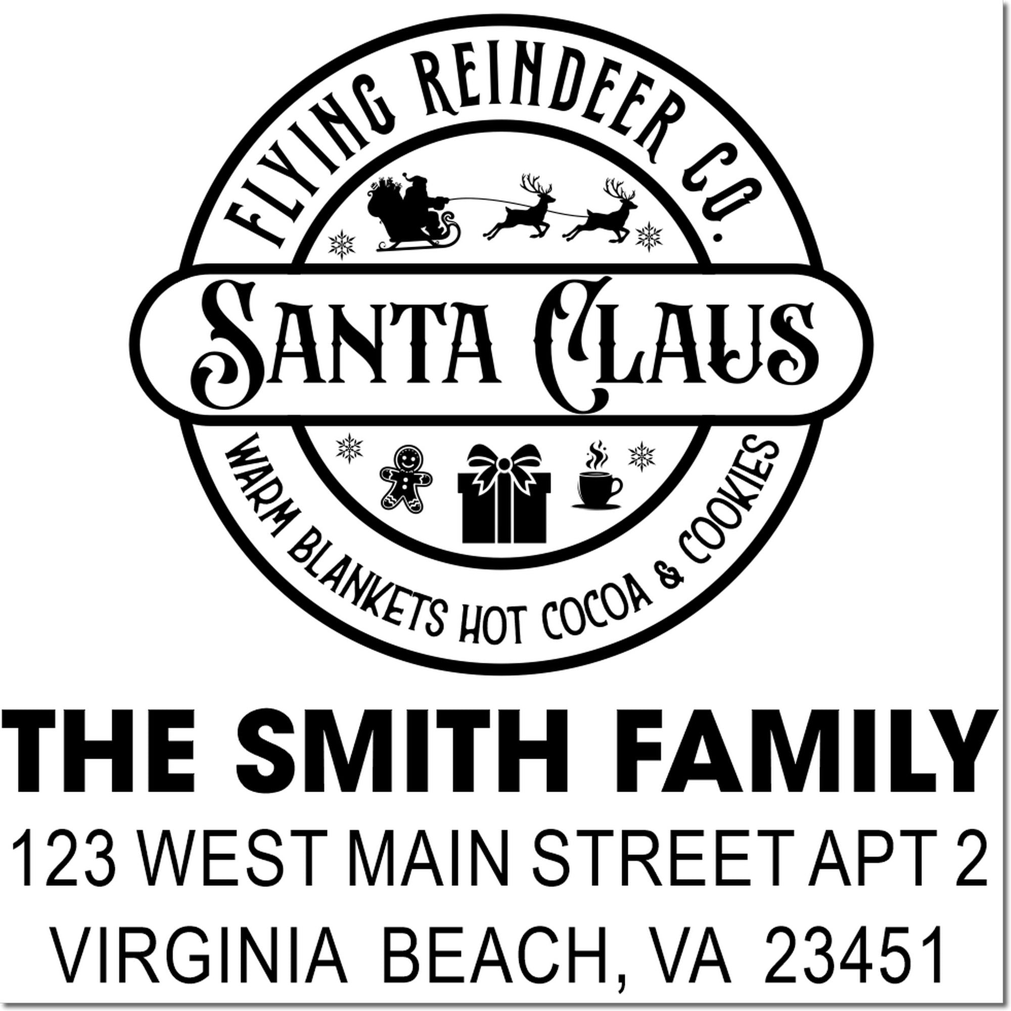 Custom Christmas return address rubber stamp for The Smith Family, featuring Santa, reindeer, hot cocoa and cookies, Virginia Beach, VA.