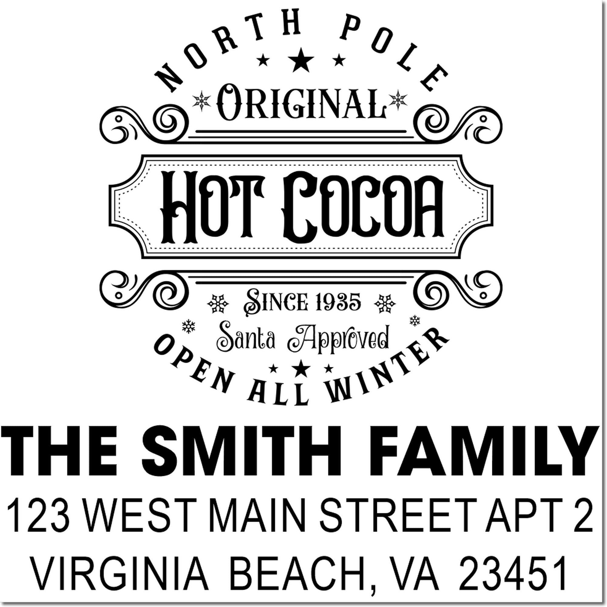 Custom rubber stamp design featuring North Pole Hot Cocoa and a personalized Smith family address stamp for holiday mailings.