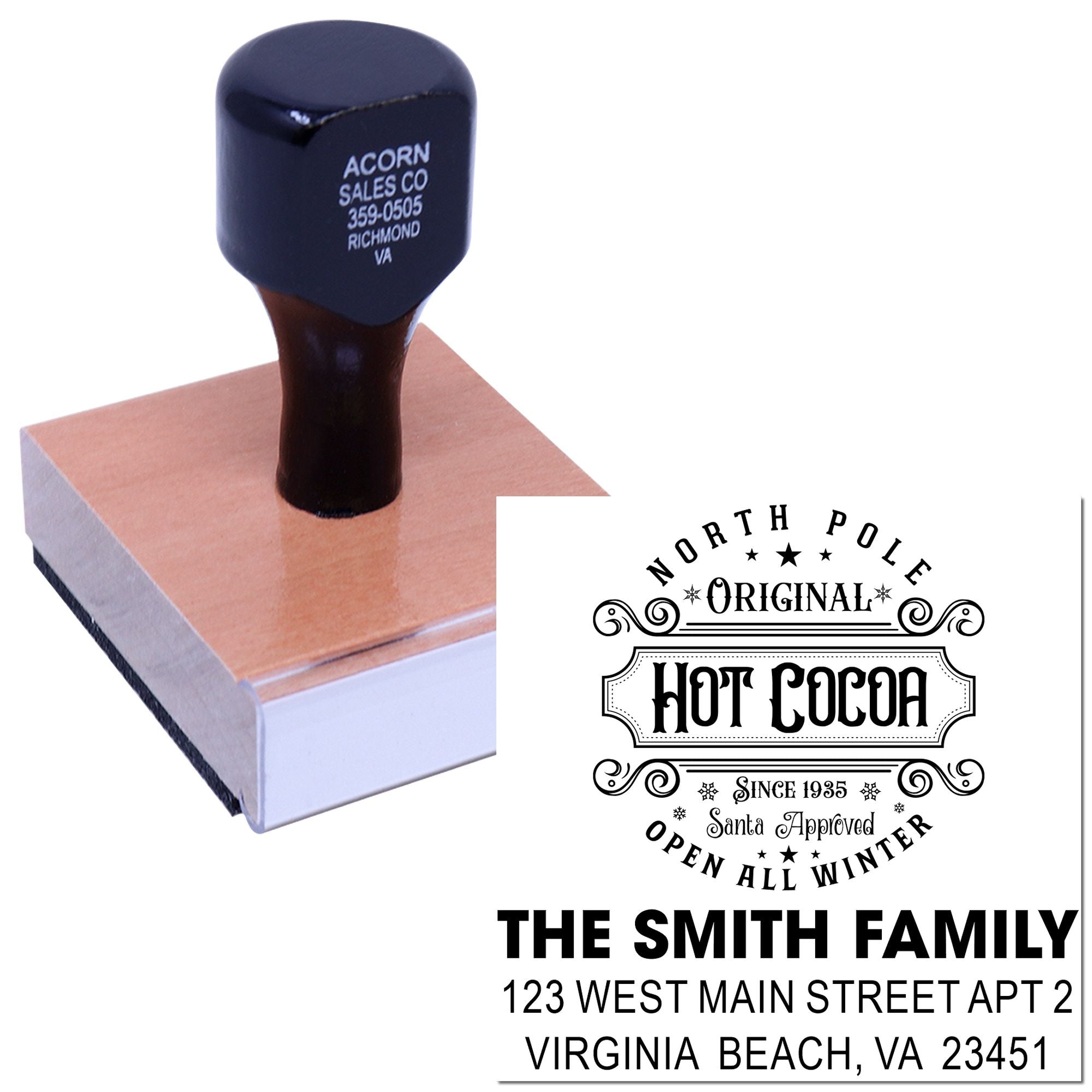Custom rubber stamp for holiday branding, featuring a North Pole Hot Cocoa design and personalized family address imprint.