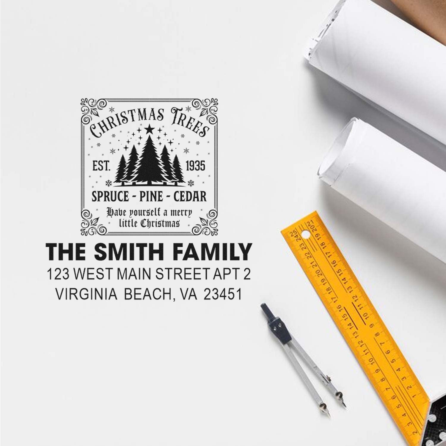 Custom Christmas Trees rubber stamp with family name and address for holiday stationery and cards.