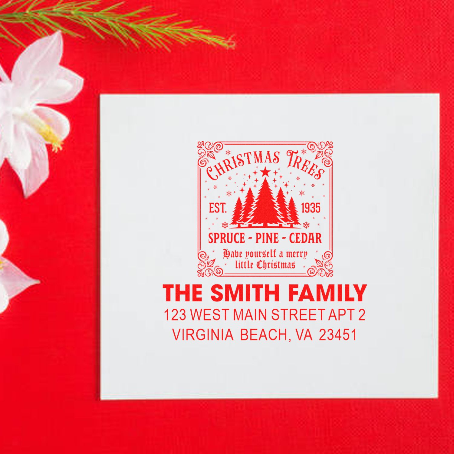 Personalized Christmas return address rubber stamp with festive trees for holiday cards and custom family mailing labels.