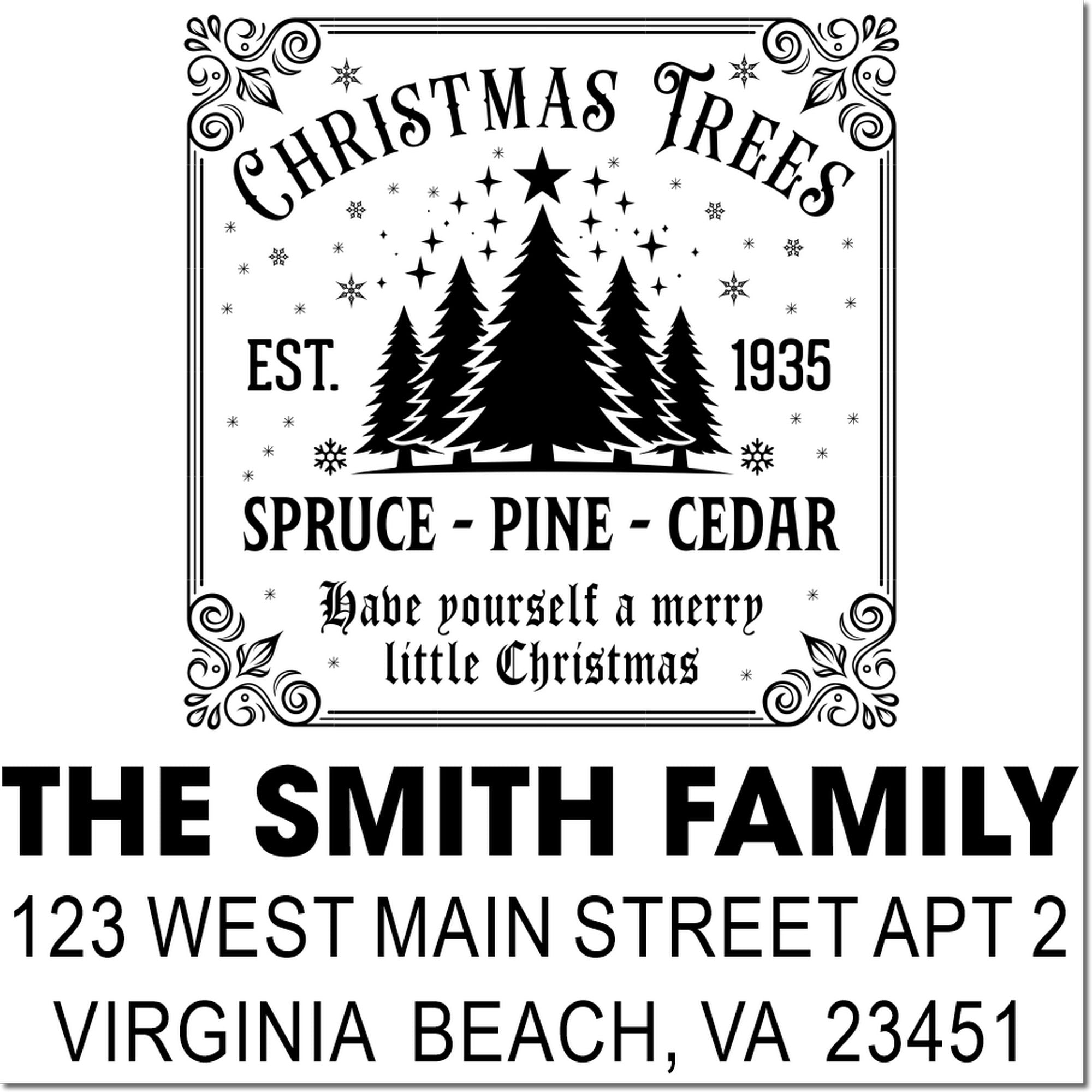 Christmas Trees rubber stamp design with custom family name and return address for holiday cards and mailings.