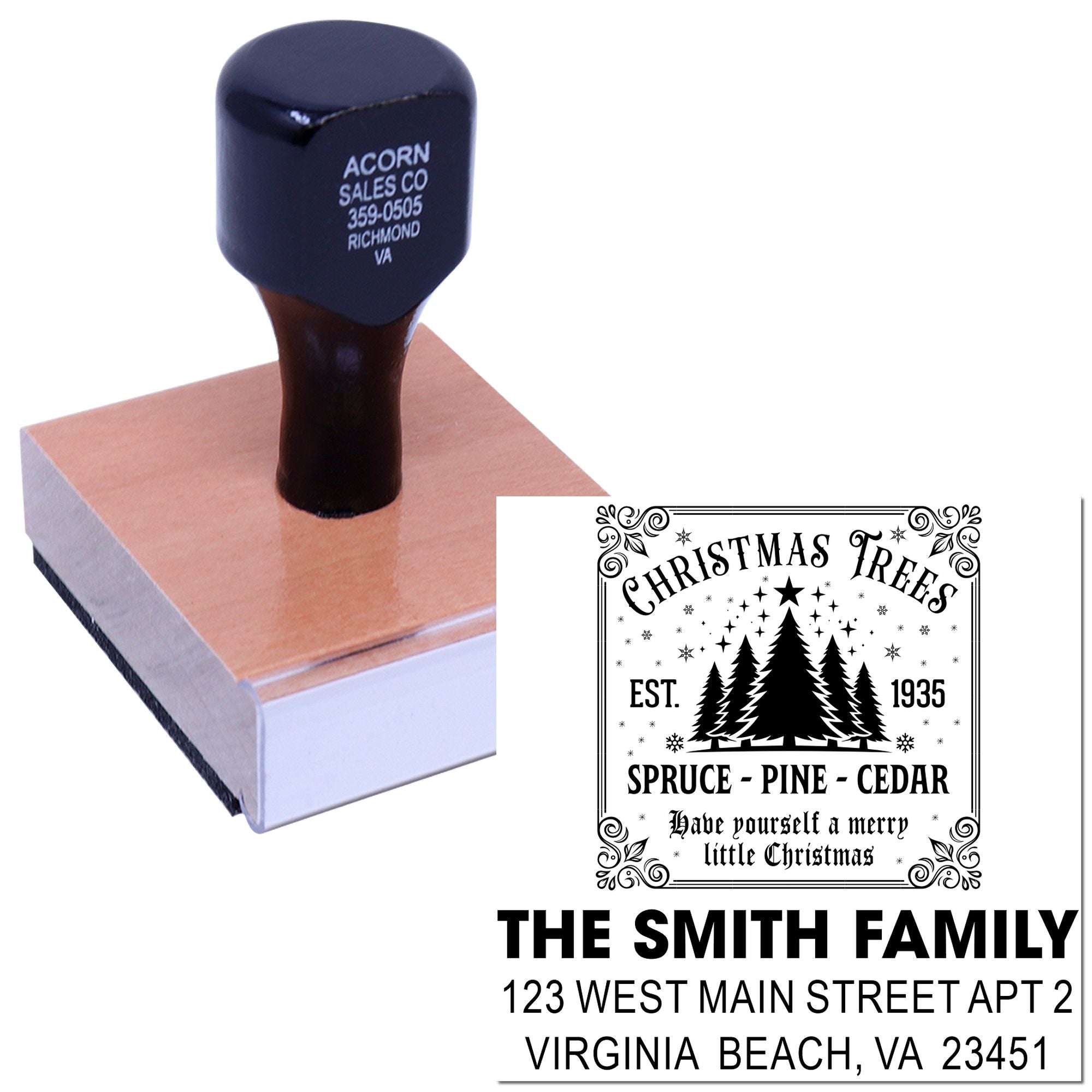 Custom Christmas family address rubber stamp with Christmas trees design, ideal for holiday cards and personalized mail.