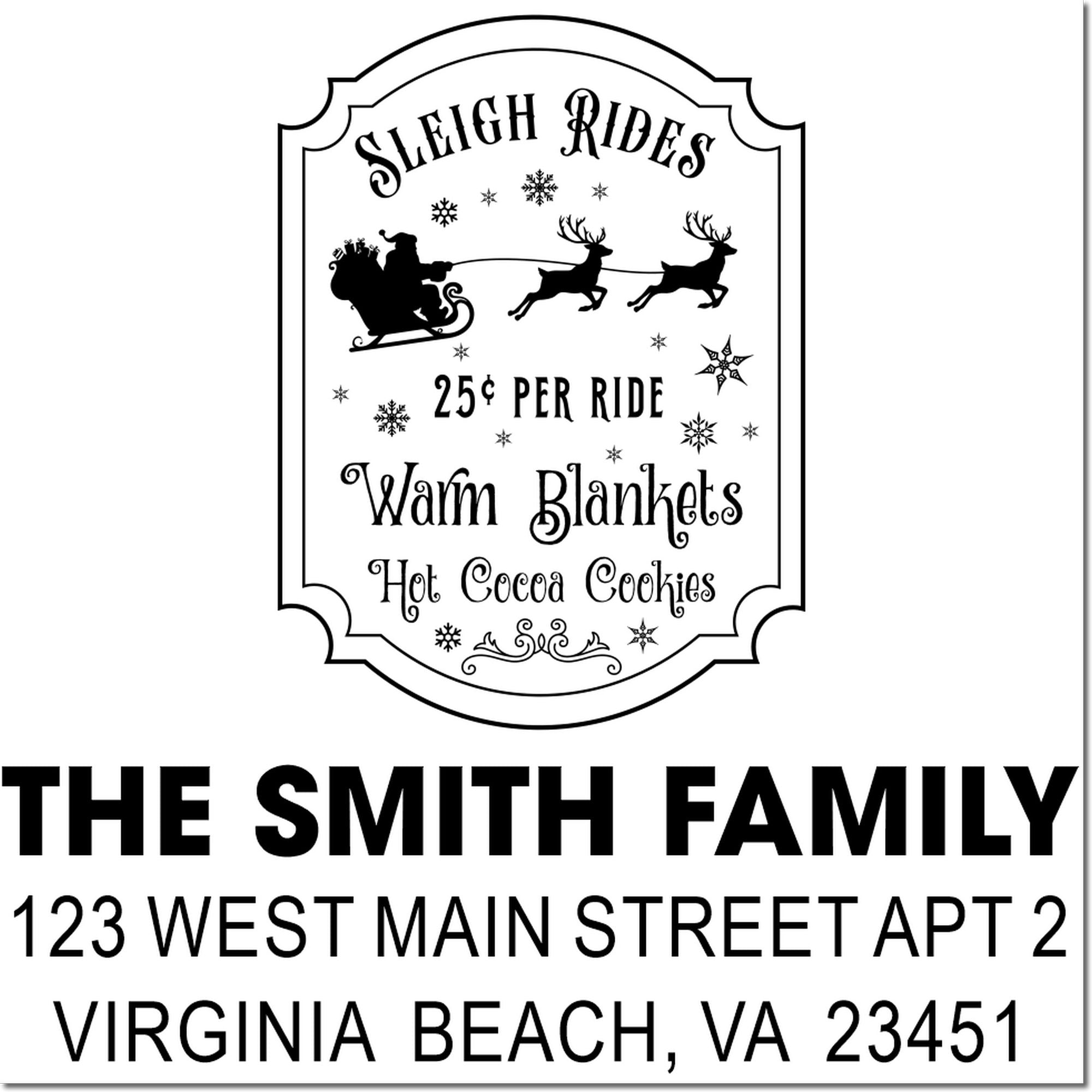 Custom Christmas rubber stamp design for a sleigh rides sign with Santa sleigh, reindeer, warm blankets, hot cocoa, and cookies.