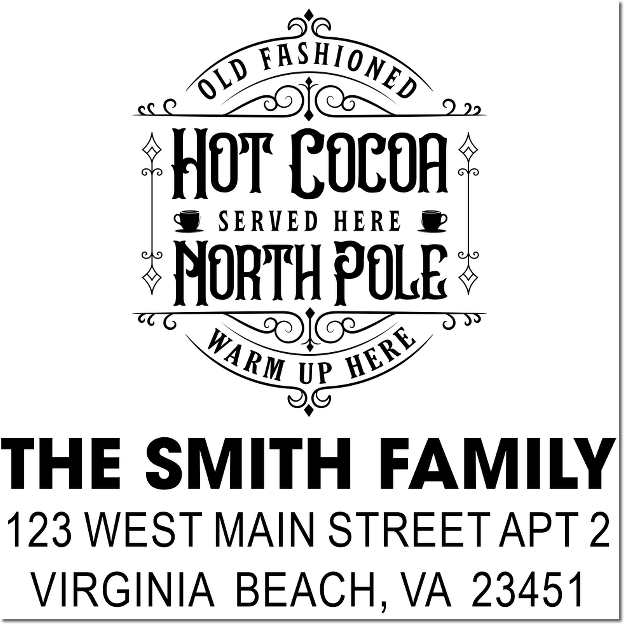 Vintage hot cocoa served here rubber stamp design with personalized family address stamp template.