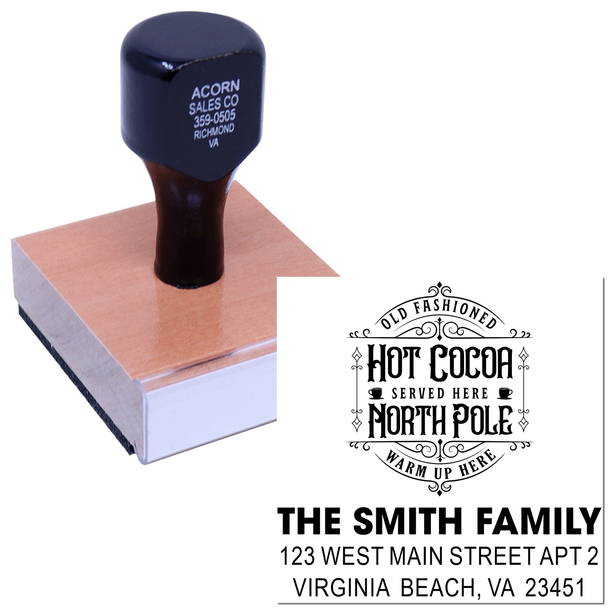 Custom rubber stamp with old fashioned hot cocoa design and personalized family address imprint