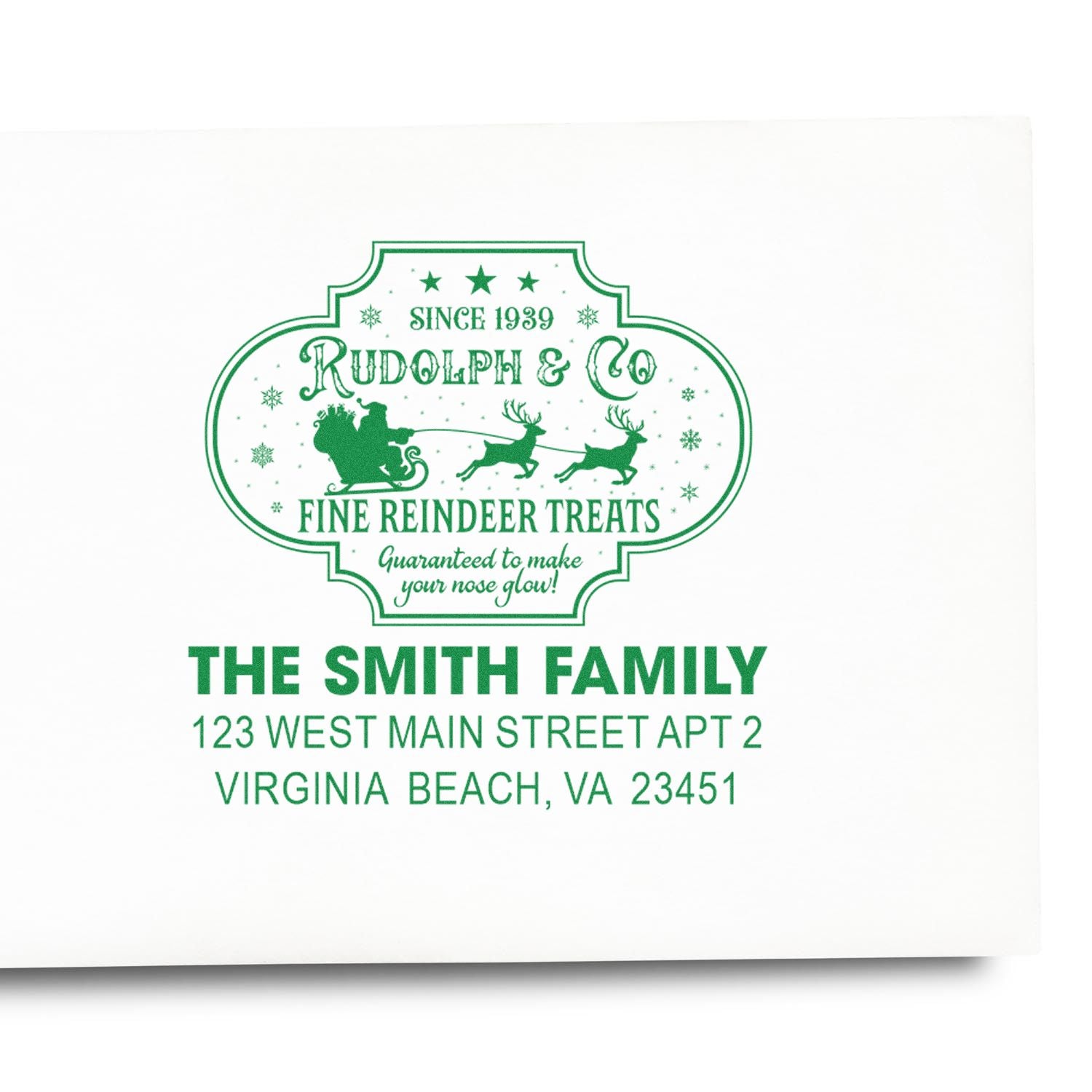 Custom holiday return address rubber stamp for The Smith Family with Rudolph & Co. Fine Reindeer Treats design.